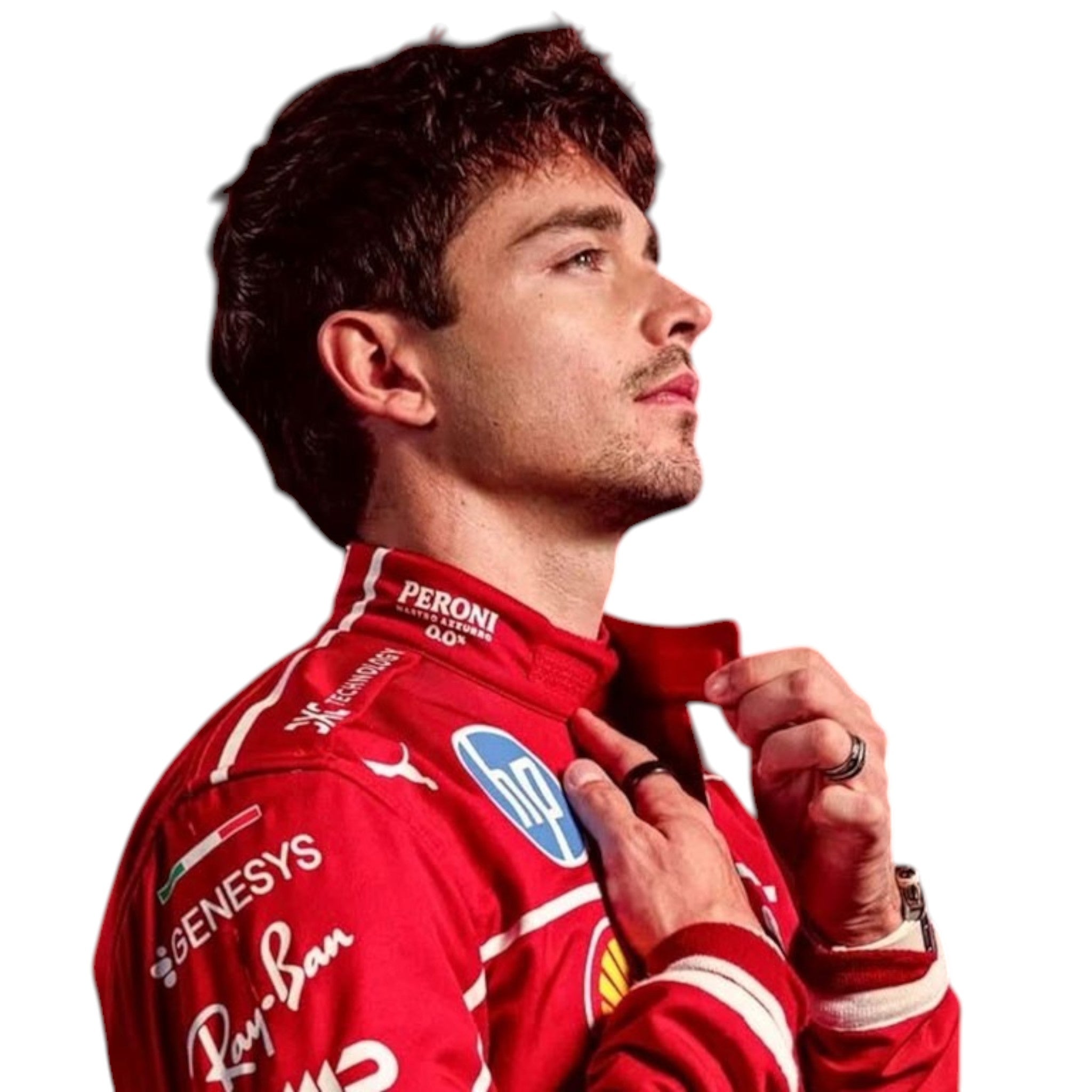 Charles Leclerc 2025 Ferrari F1 race suit in signature red with Ferrari and sponsor branding