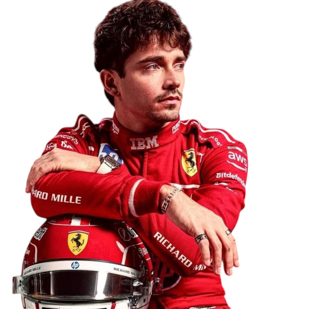 Charles Leclerc 2025 Ferrari F1 race suit in signature red with Ferrari and sponsor branding
