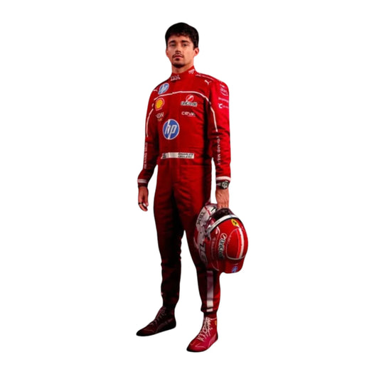 Charles Leclerc 2025 Ferrari F1 race suit in signature red with Ferrari and sponsor branding