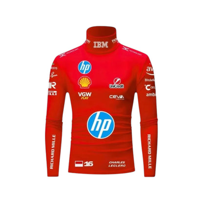 Charles Leclerc 2025 Ferrari F1 Undershirt in red featuring Ferrari team graphics, sponsor logos, and long sleeve performance base layer design