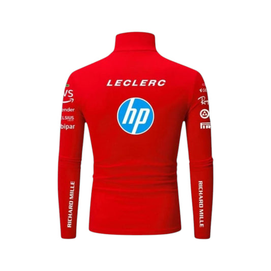 Charles Leclerc 2025 Ferrari F1 Undershirt in red featuring Ferrari team graphics, sponsor logos, and long sleeve performance base layer design
