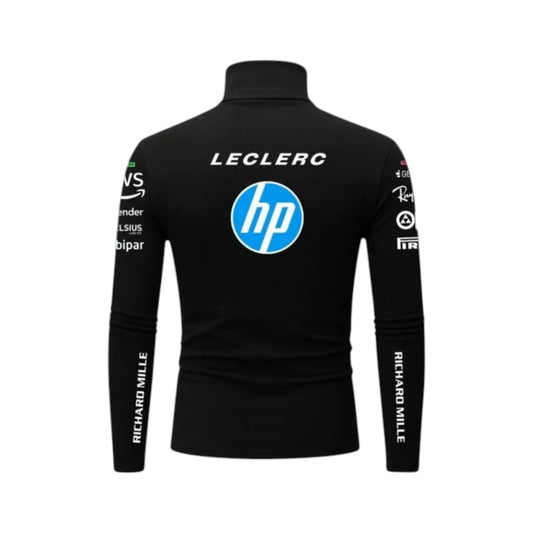 Charles Leclerc 2025 Ferrari F1 Undershirt in black featuring Ferrari team graphics, sponsor logos, and long sleeve performance base layer design
