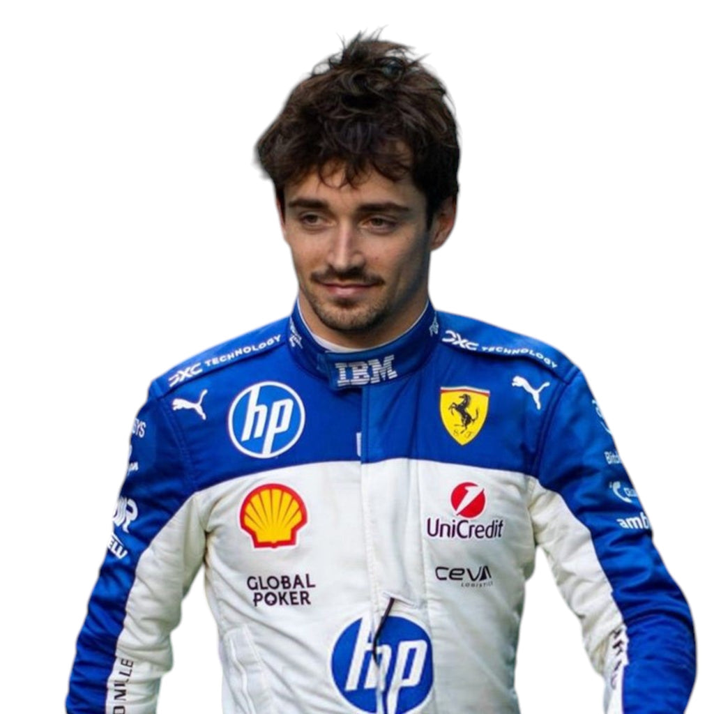 Charles Leclerc 2025 Ferrari Miami GP F1 race suit in blue and white with HP and Ferrari sponsor branding