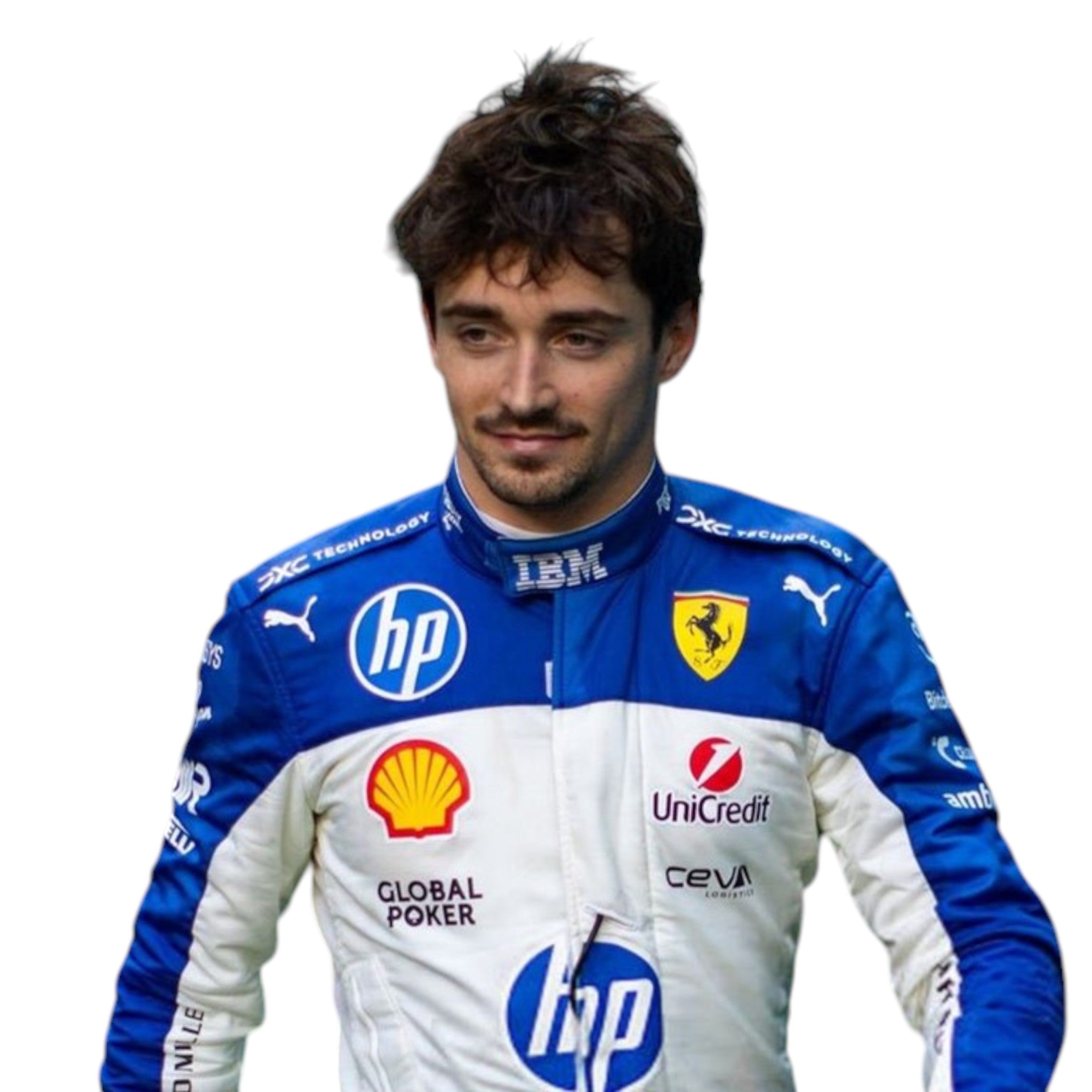 Charles Leclerc 2025 Ferrari Miami GP F1 race suit in blue and white with HP and Ferrari sponsor branding