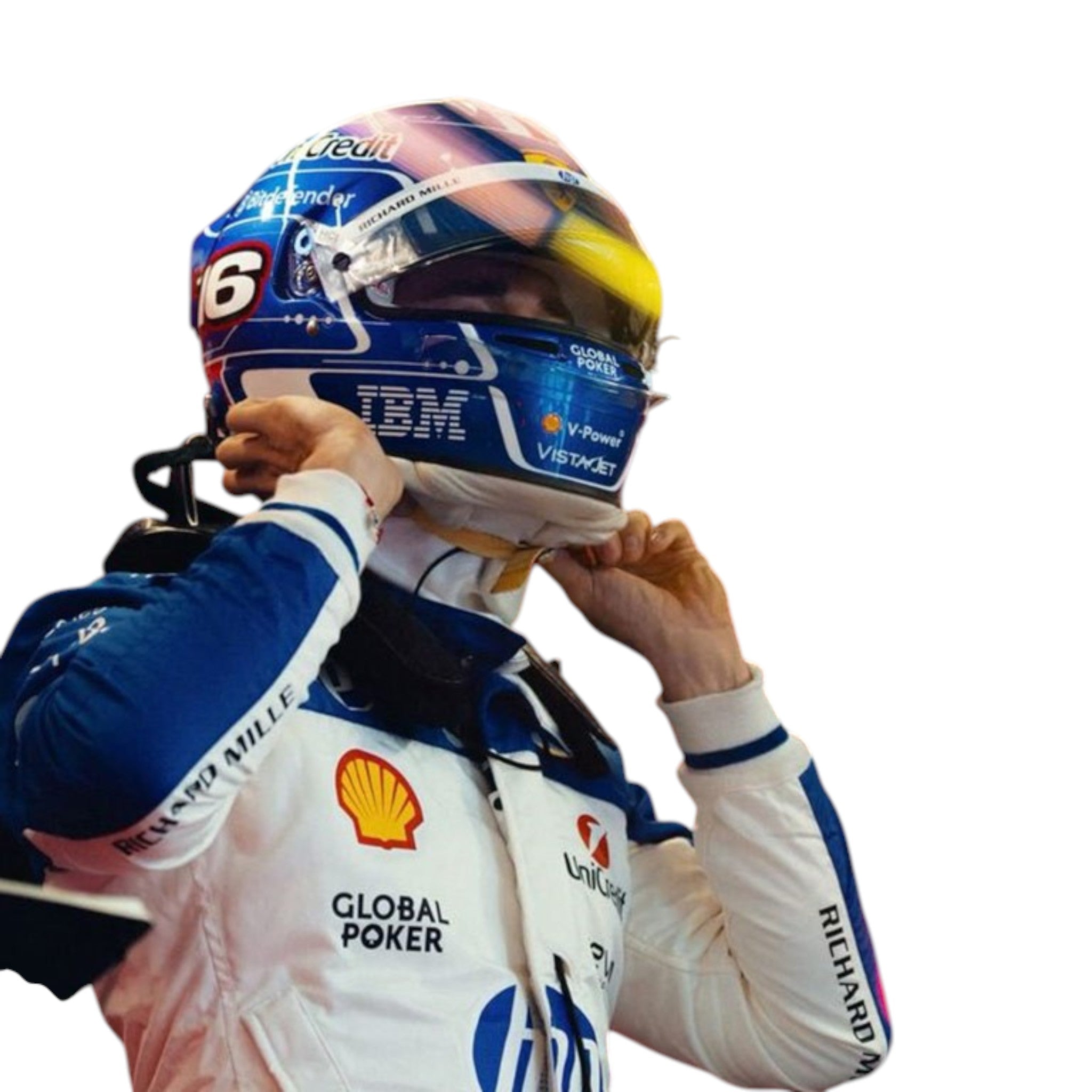 Charles Leclerc 2025 Ferrari Miami GP F1 race suit in blue and white with HP and Ferrari sponsor branding