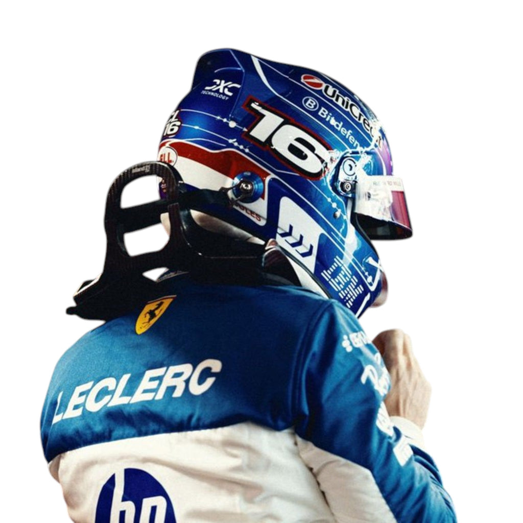Charles Leclerc 2025 Ferrari Miami GP F1 race suit in blue and white with HP and Ferrari sponsor branding