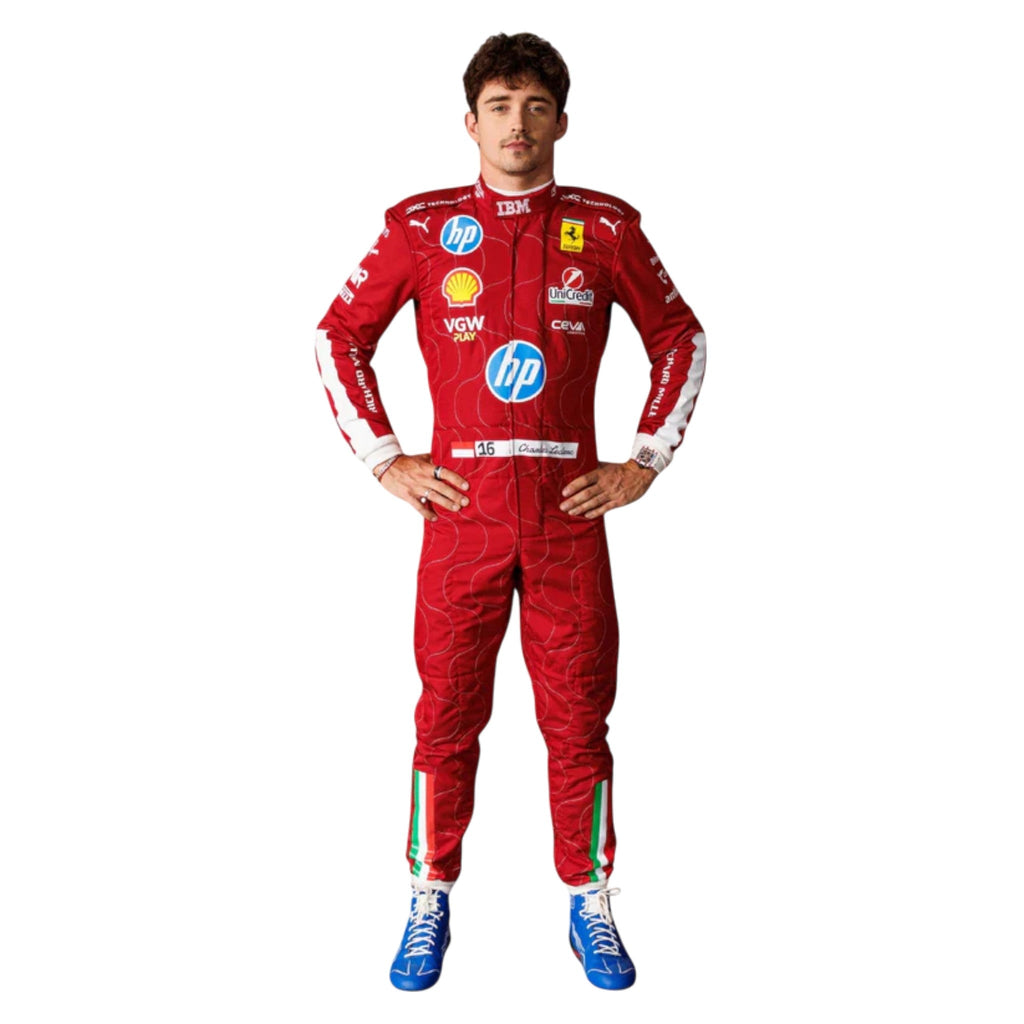 Charles Leclerc 2025 Ferrari Monza GP F1 race suit in Ferrari red with Italian tricolour accents and sponsor logos
