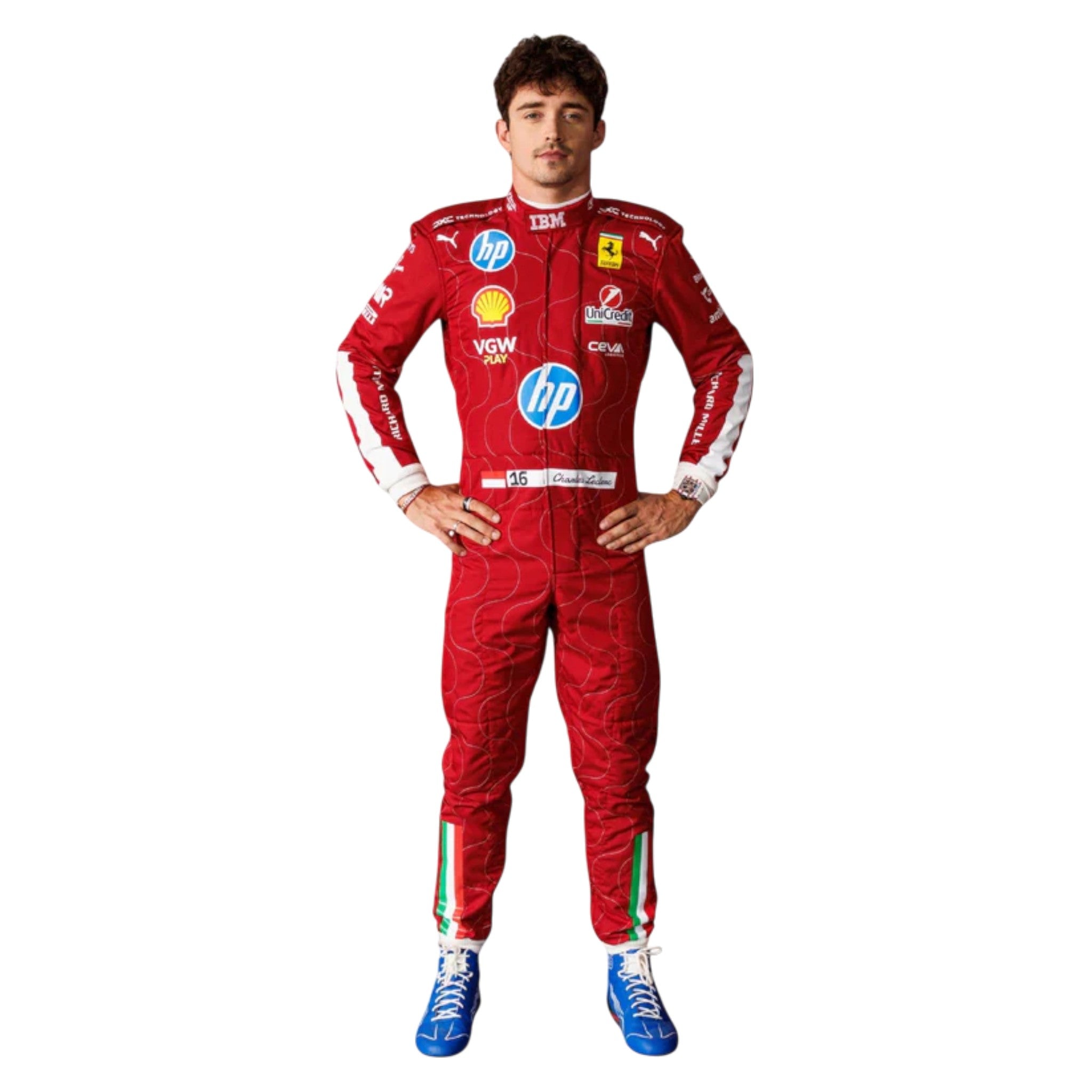 Charles Leclerc 2025 Ferrari Monza GP F1 race suit in Ferrari red with Italian tricolour accents and sponsor logos

