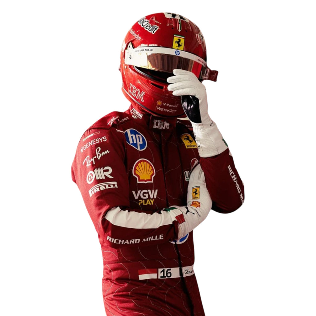 Charles Leclerc 2025 Ferrari Monza GP F1 race suit in Ferrari red with Italian tricolour accents and sponsor logos