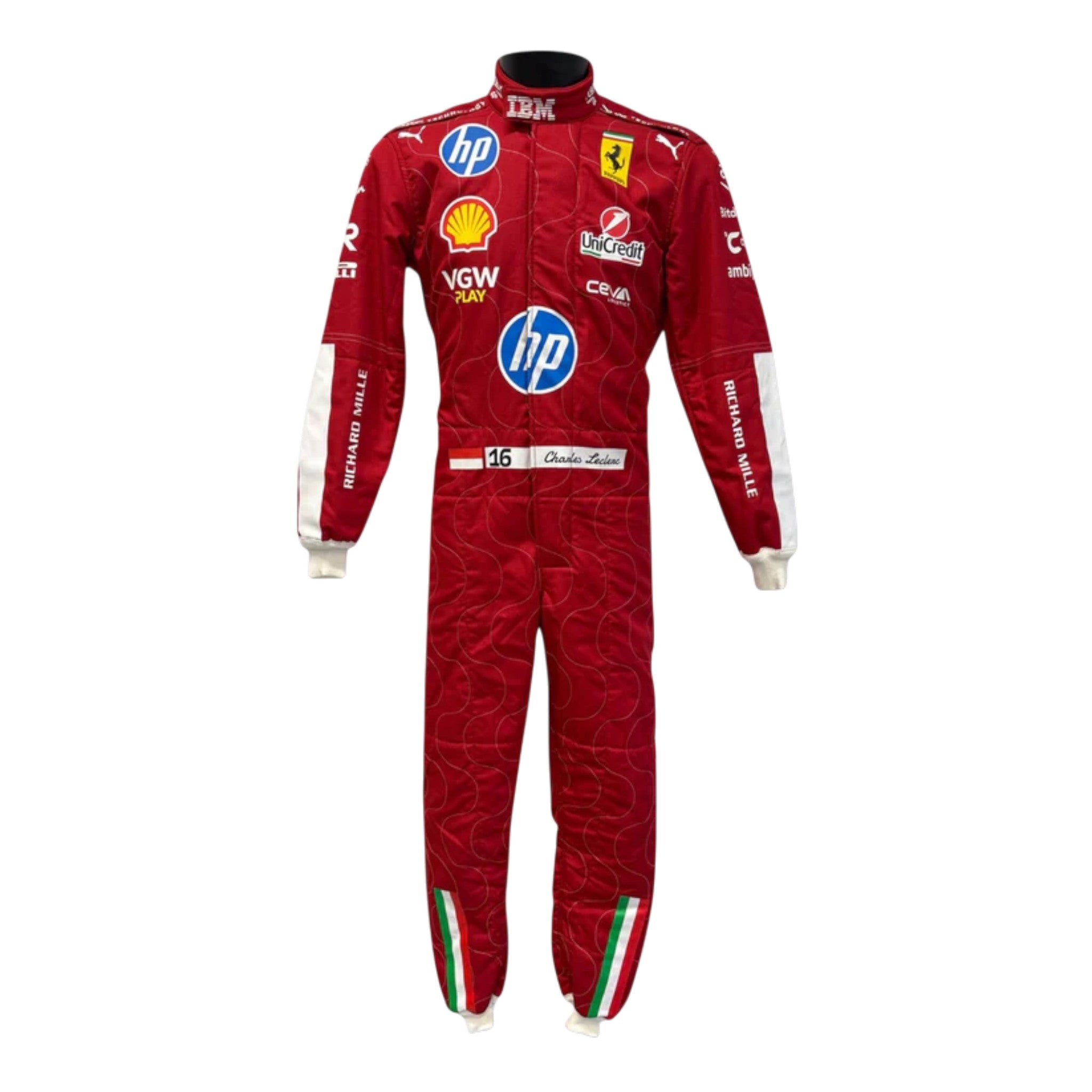 Charles Leclerc 2025 Ferrari Monza GP F1 race suit in Ferrari red with Italian tricolour accents and sponsor logos