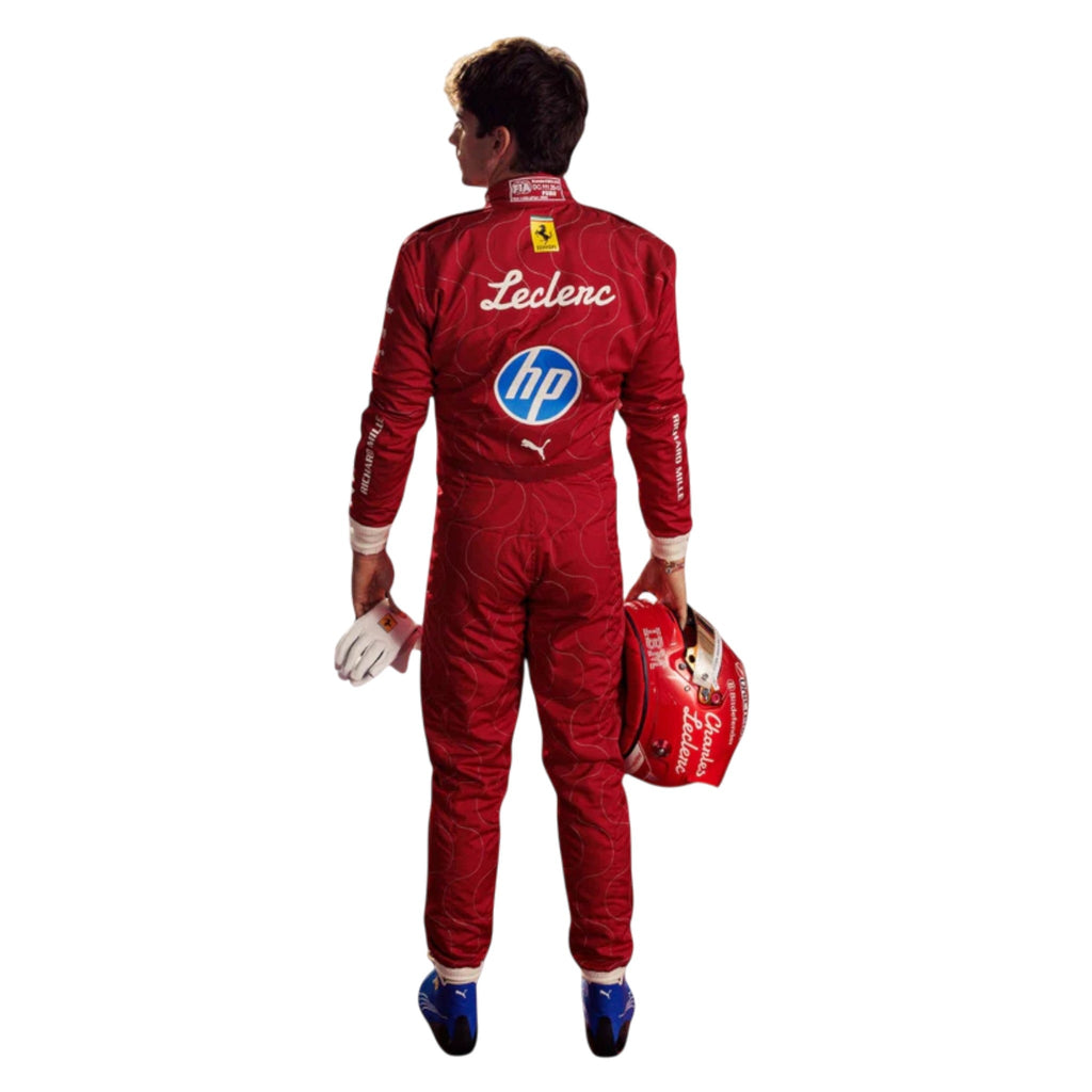 Charles Leclerc 2025 Ferrari Monza GP F1 race suit in Ferrari red with Italian tricolour accents and sponsor logos