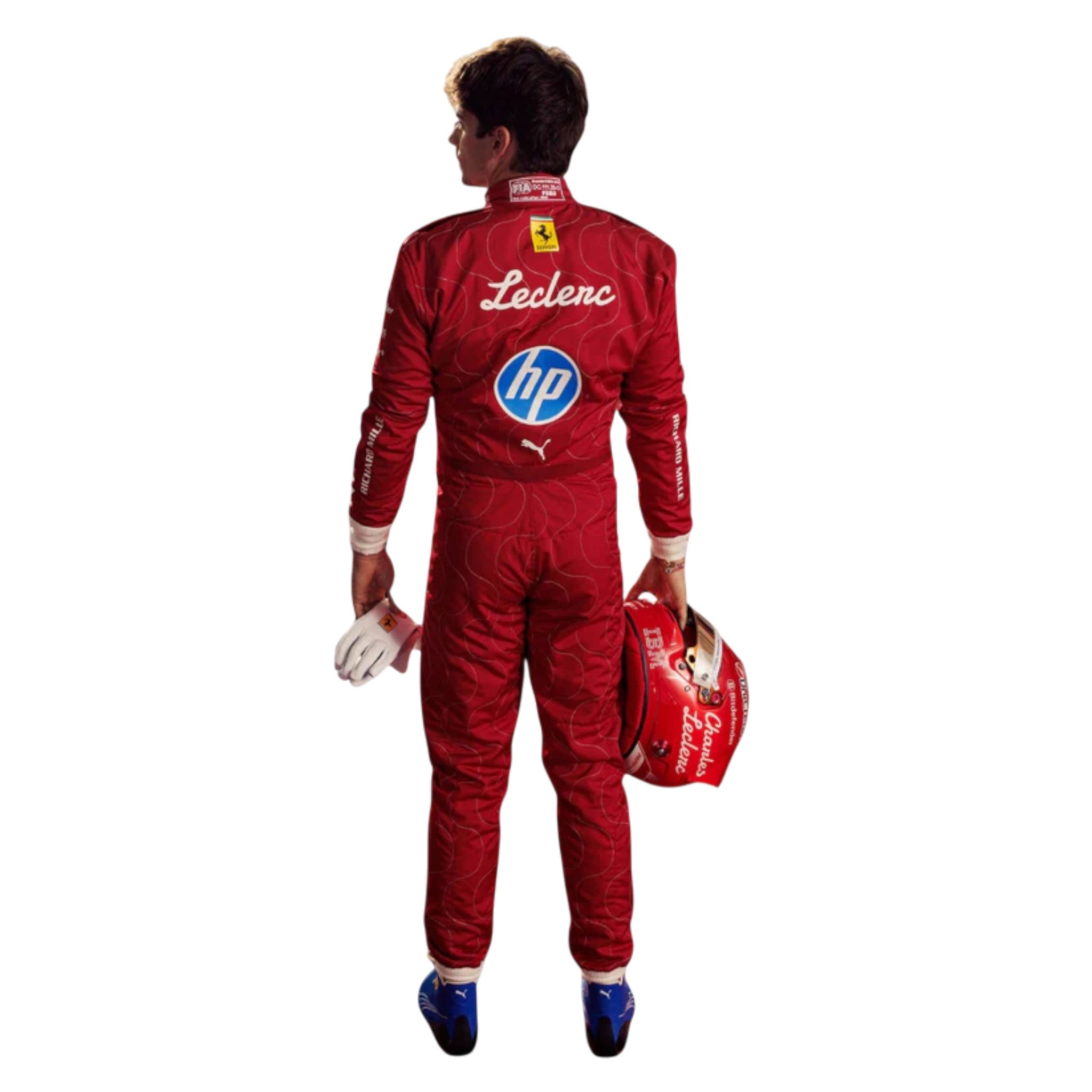 Charles Leclerc 2025 Ferrari Monza GP F1 race suit in Ferrari red with Italian tricolour accents and sponsor logos