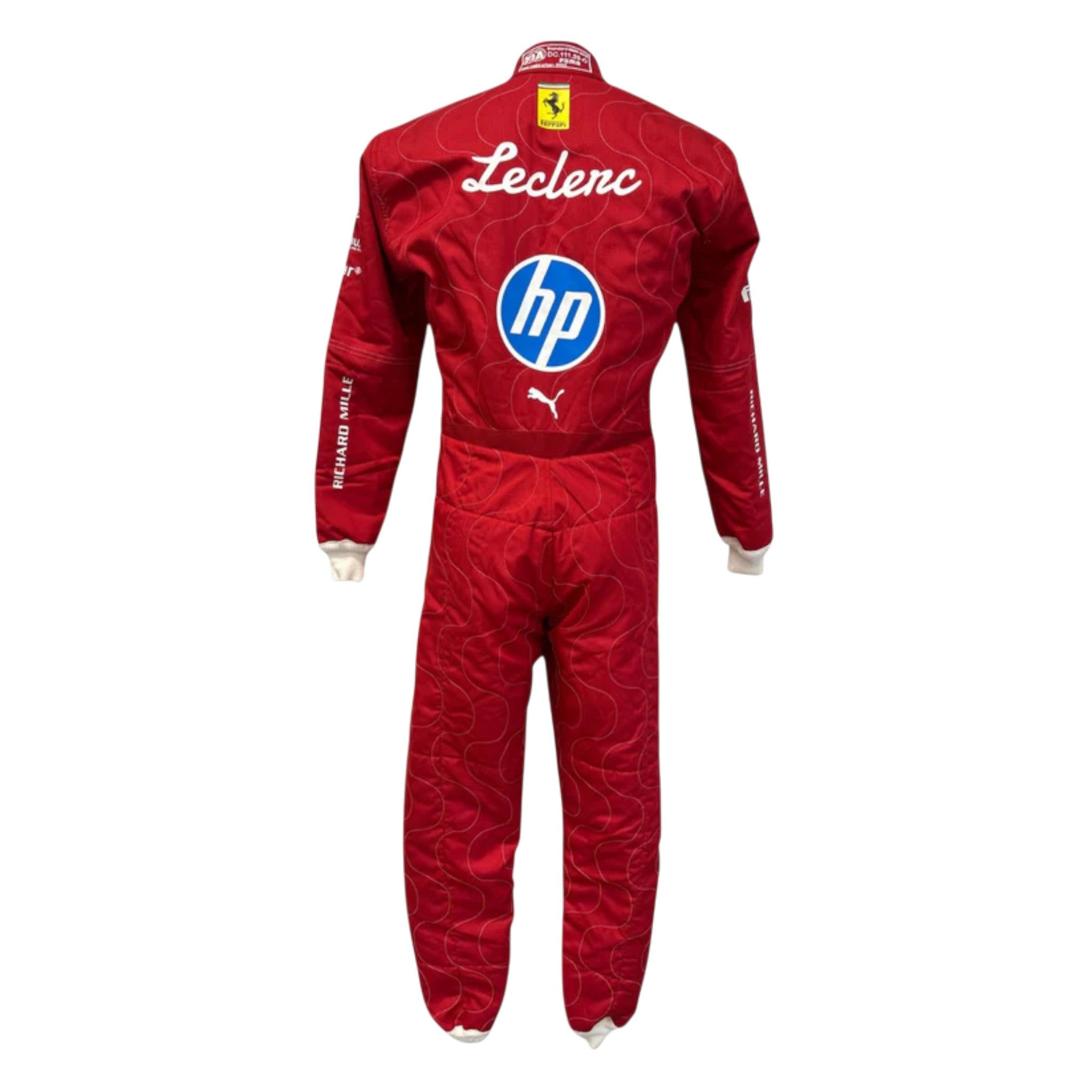 Charles Leclerc 2025 Ferrari Monza GP F1 race suit in Ferrari red with Italian tricolour accents and sponsor logos