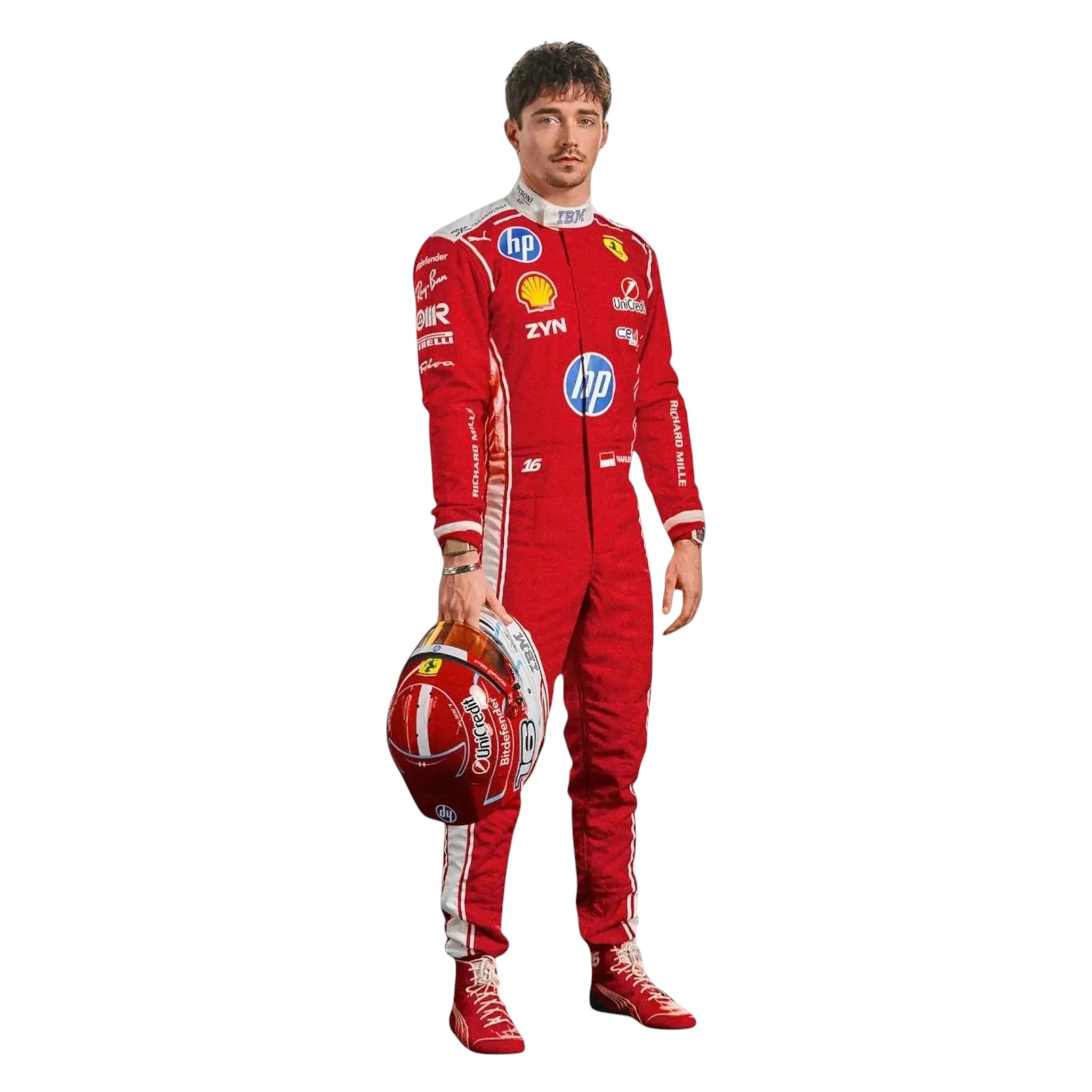 Charles Leclerc 2026 Ferrari F1 race suit in red with white detailing, HP branding, and Scuderia Ferrari sponsor logos