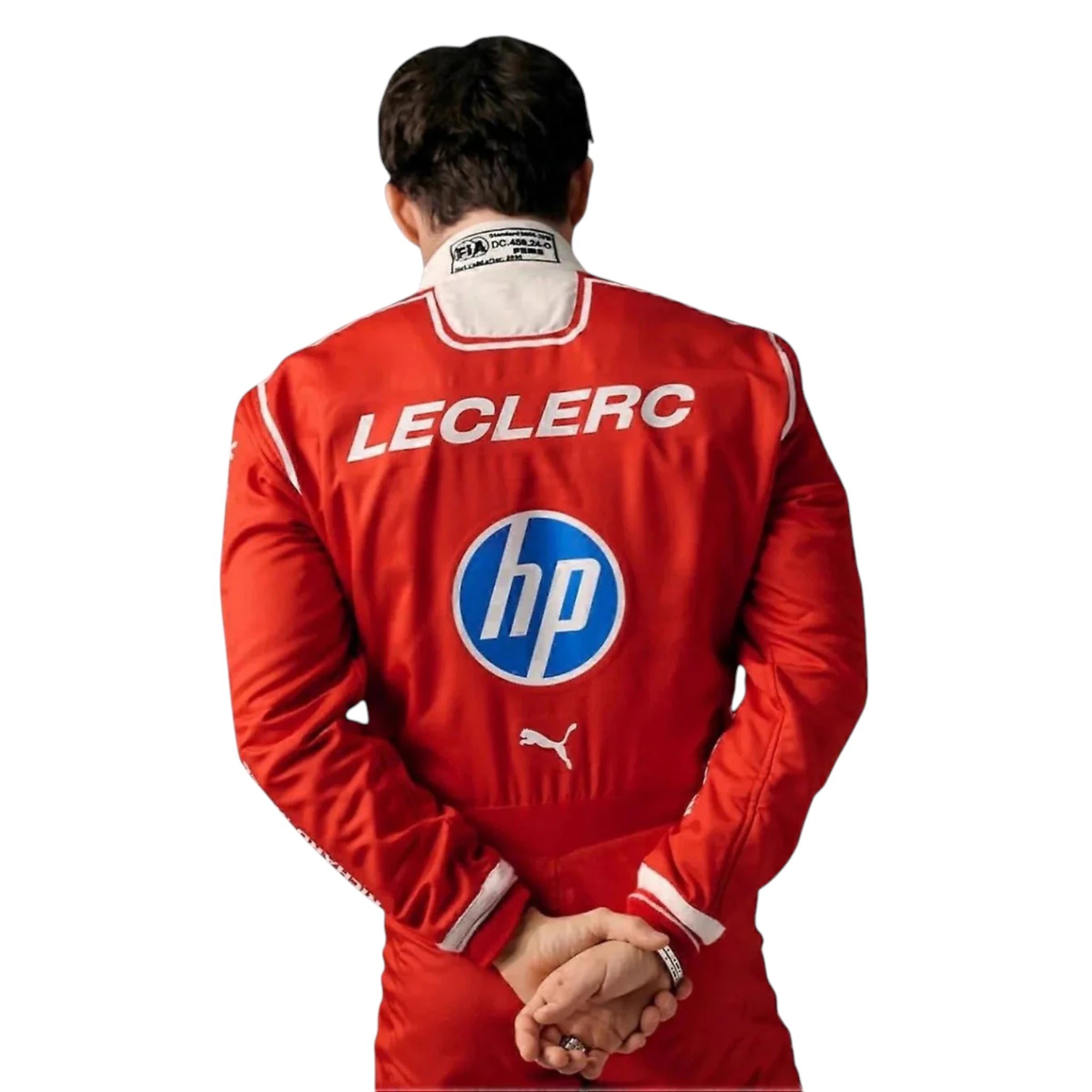 Charles Leclerc 2026 Ferrari F1 race suit in red with white detailing, HP branding, and Scuderia Ferrari sponsor logos