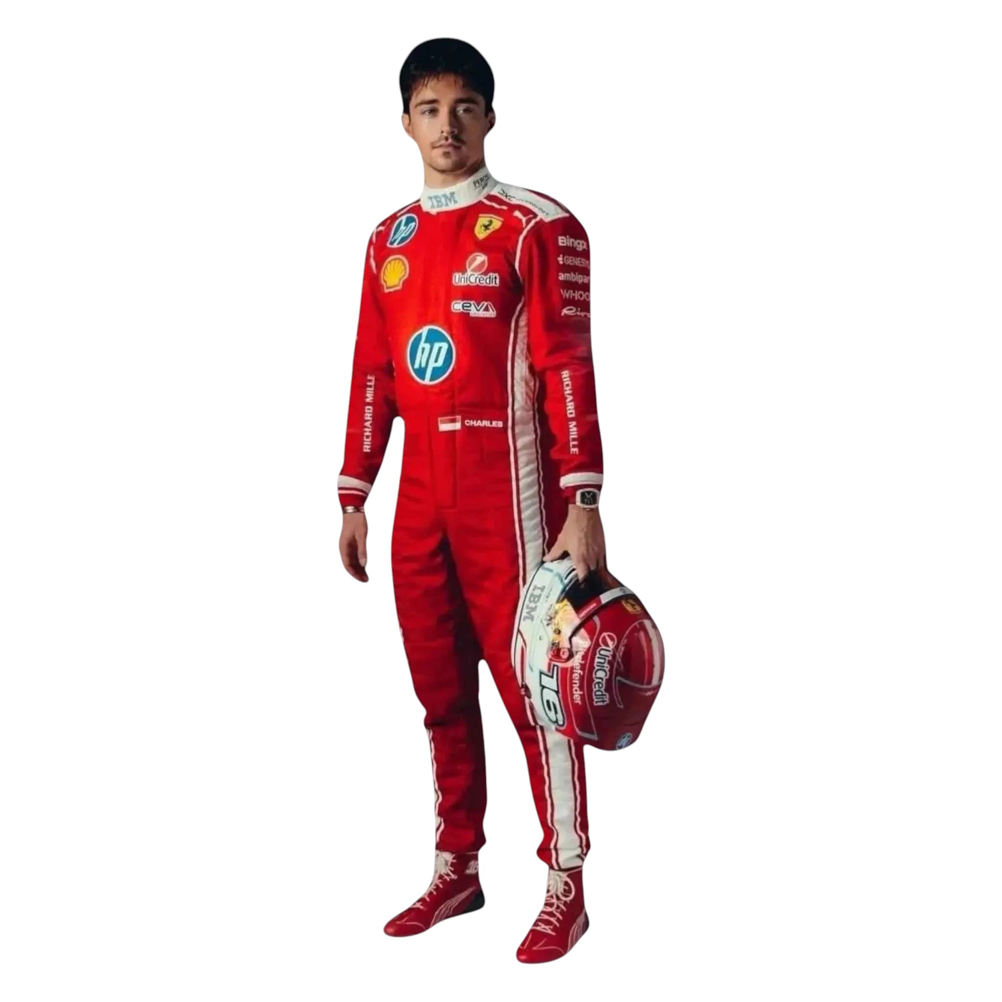 Charles Leclerc 2026 Ferrari F1 race suit in red with white detailing, HP branding, and Scuderia Ferrari sponsor logos