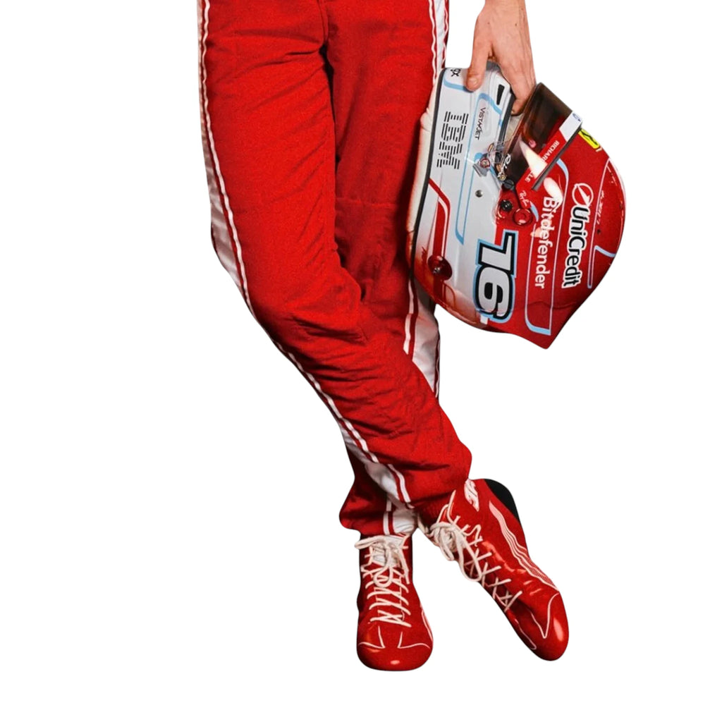 Charles Leclerc 2026 Ferrari F1 race suit in red with white detailing, HP branding, and Scuderia Ferrari sponsor logos