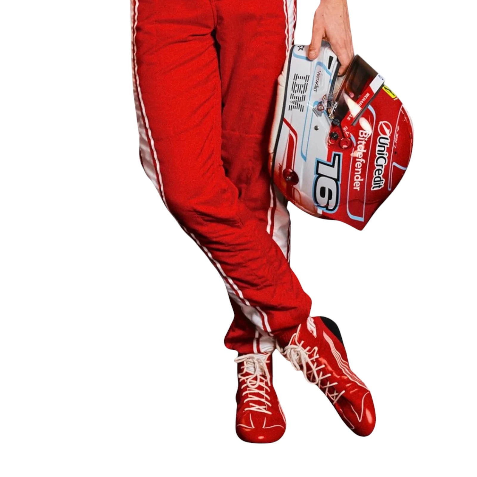 Charles Leclerc 2026 Ferrari F1 race suit in red with white detailing, HP branding, and Scuderia Ferrari sponsor logos