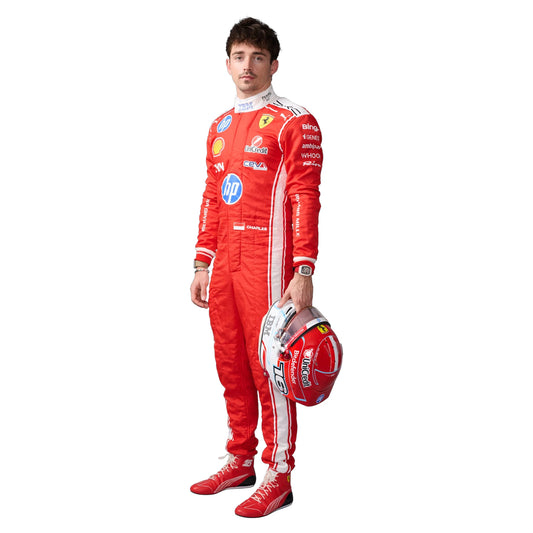 Charles Leclerc 2026 Ferrari F1 race suit in red with white detailing, HP branding, and Scuderia Ferrari sponsor logos