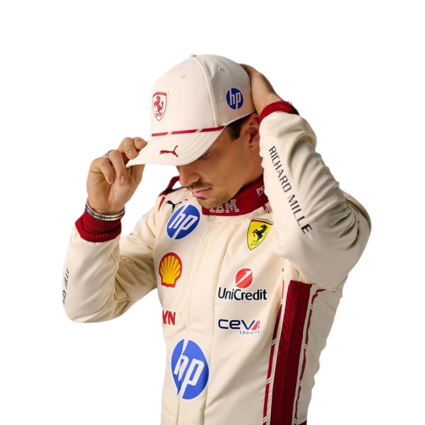 Charles Leclerc 2026 Ferrari Monaco GP F1 race suit featuring white and red Ferrari styling with Monaco Grand Prix detailing