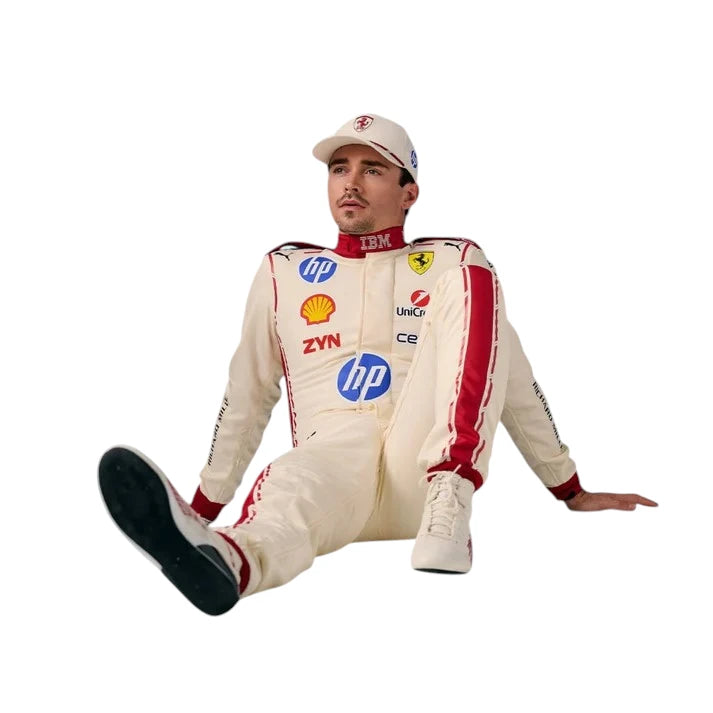 Charles Leclerc 2026 Ferrari Monaco GP F1 race suit featuring white and red Ferrari styling with Monaco Grand Prix detailing