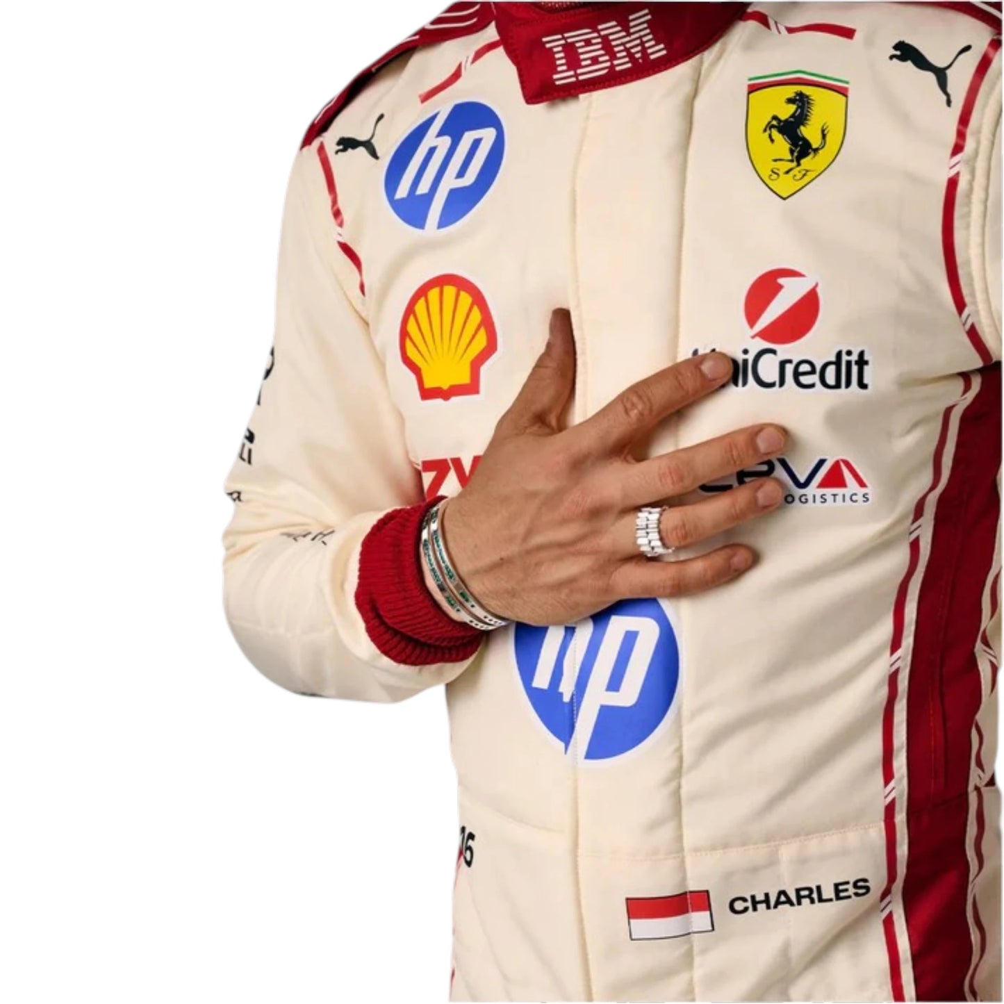 Charles Leclerc 2026 Ferrari Monaco GP F1 race suit featuring white and red Ferrari styling with Monaco Grand Prix detailing