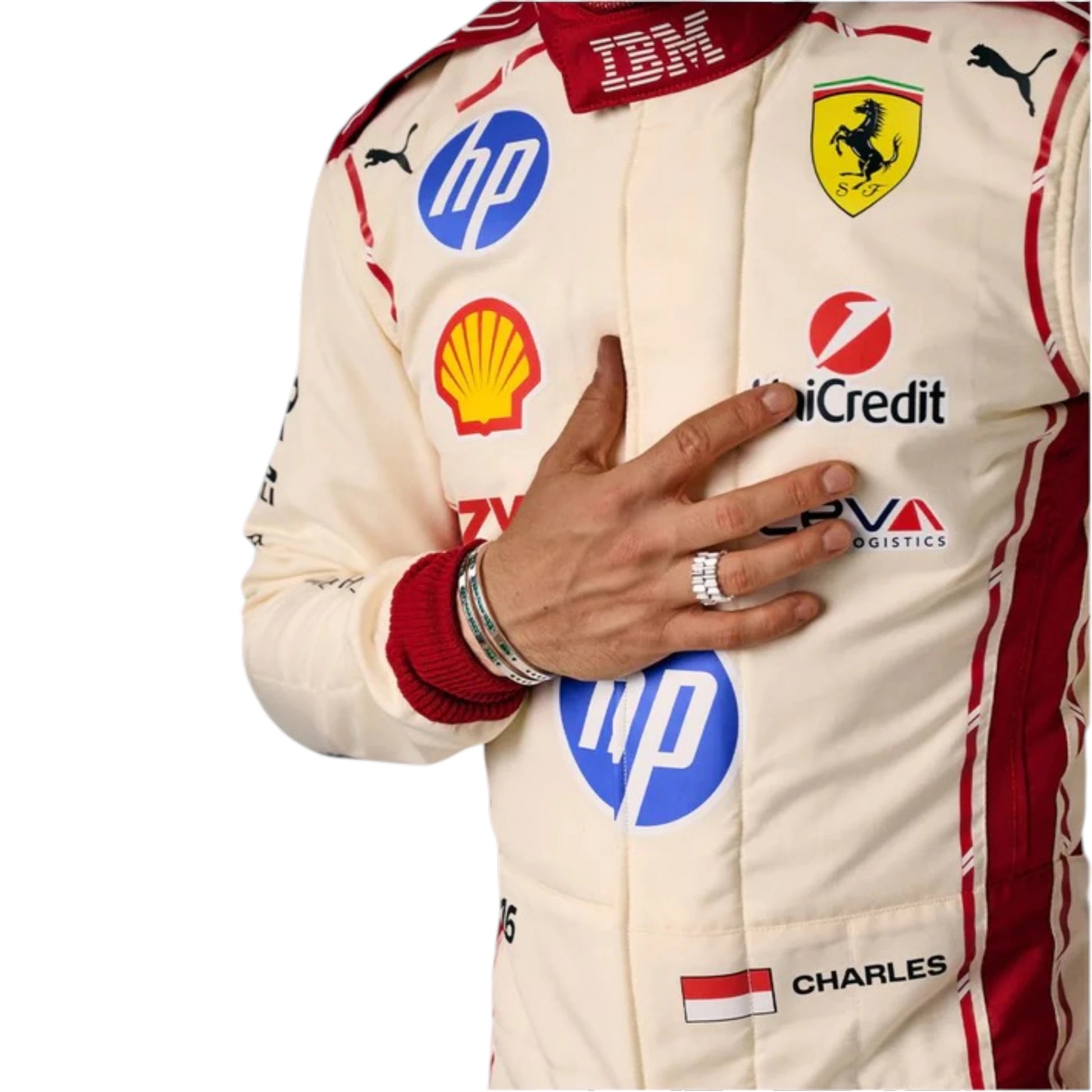 Charles Leclerc 2026 Ferrari Monaco GP F1 race suit featuring white and red Ferrari styling with Monaco Grand Prix detailing