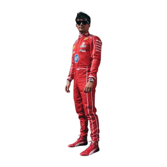 Charles Leclerc 2026 Ferrari Monza GP F1 Racing Suit in red featuring Ferrari team branding and sponsor logos