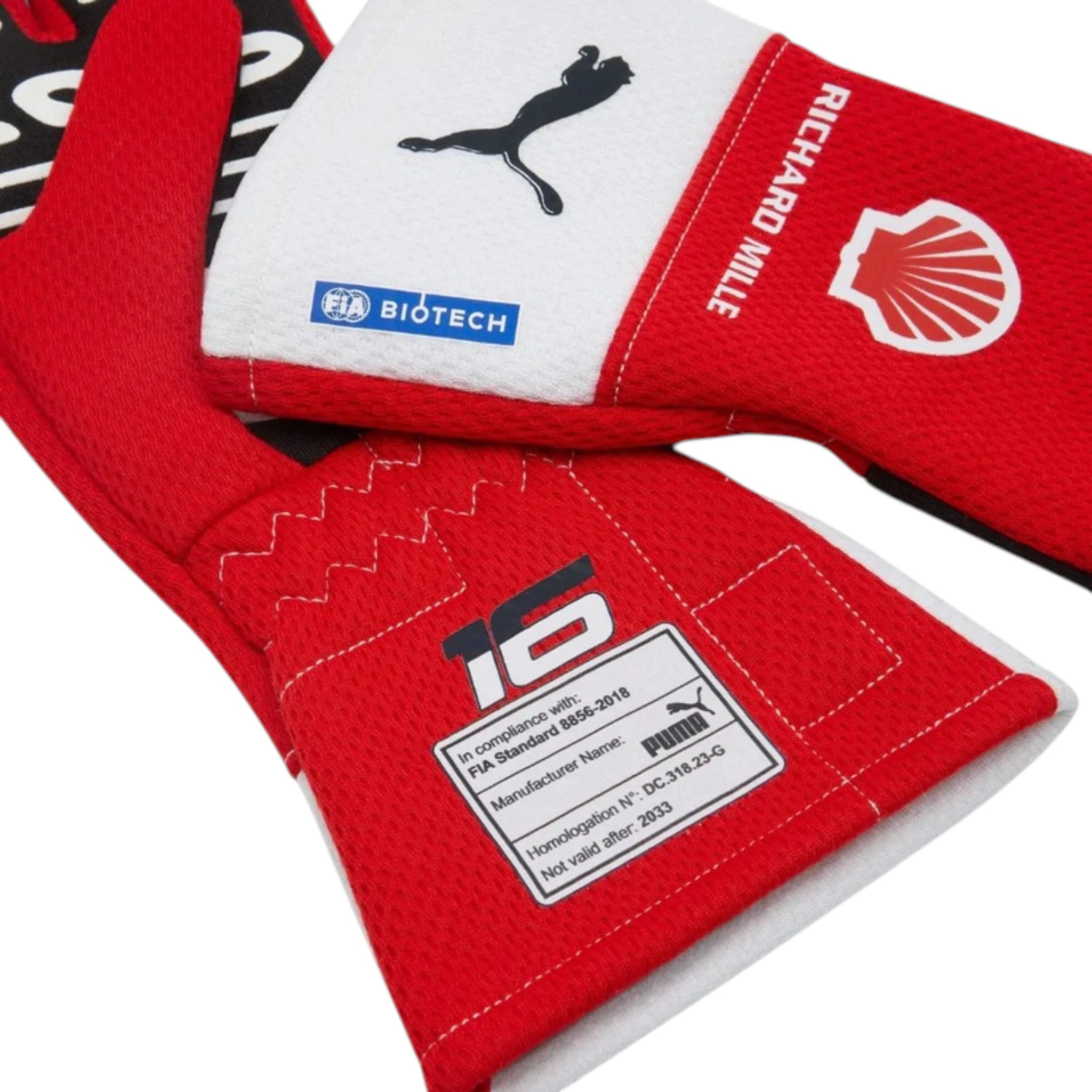 Charles Leclerc Ferrari F1 racing gloves with team branding and sponsor logos