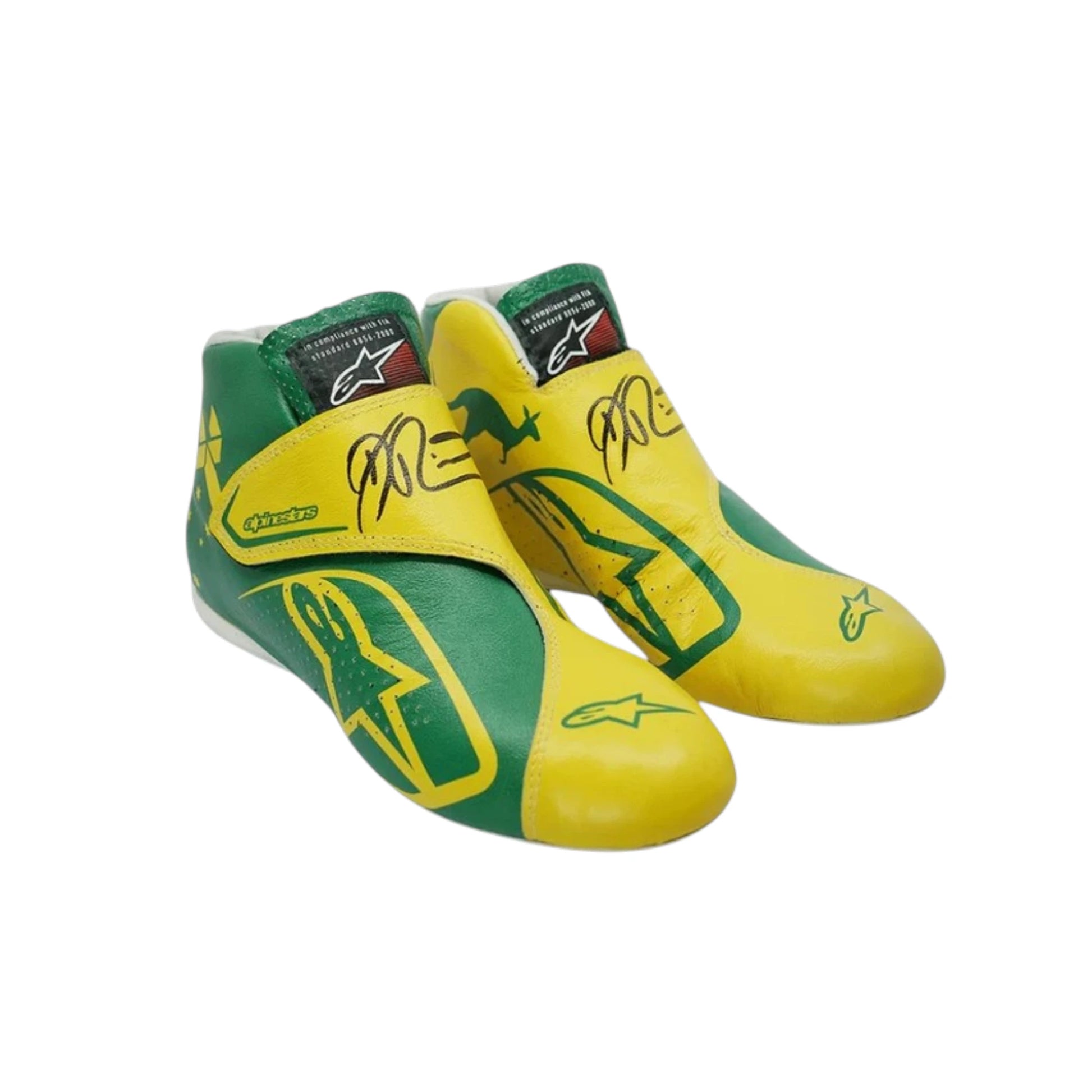 Daniel Ricciardo 2019 Renault Australian GP F1 racing shoes featuring yellow and green Australian Grand Prix styling with Renault inspired detailing