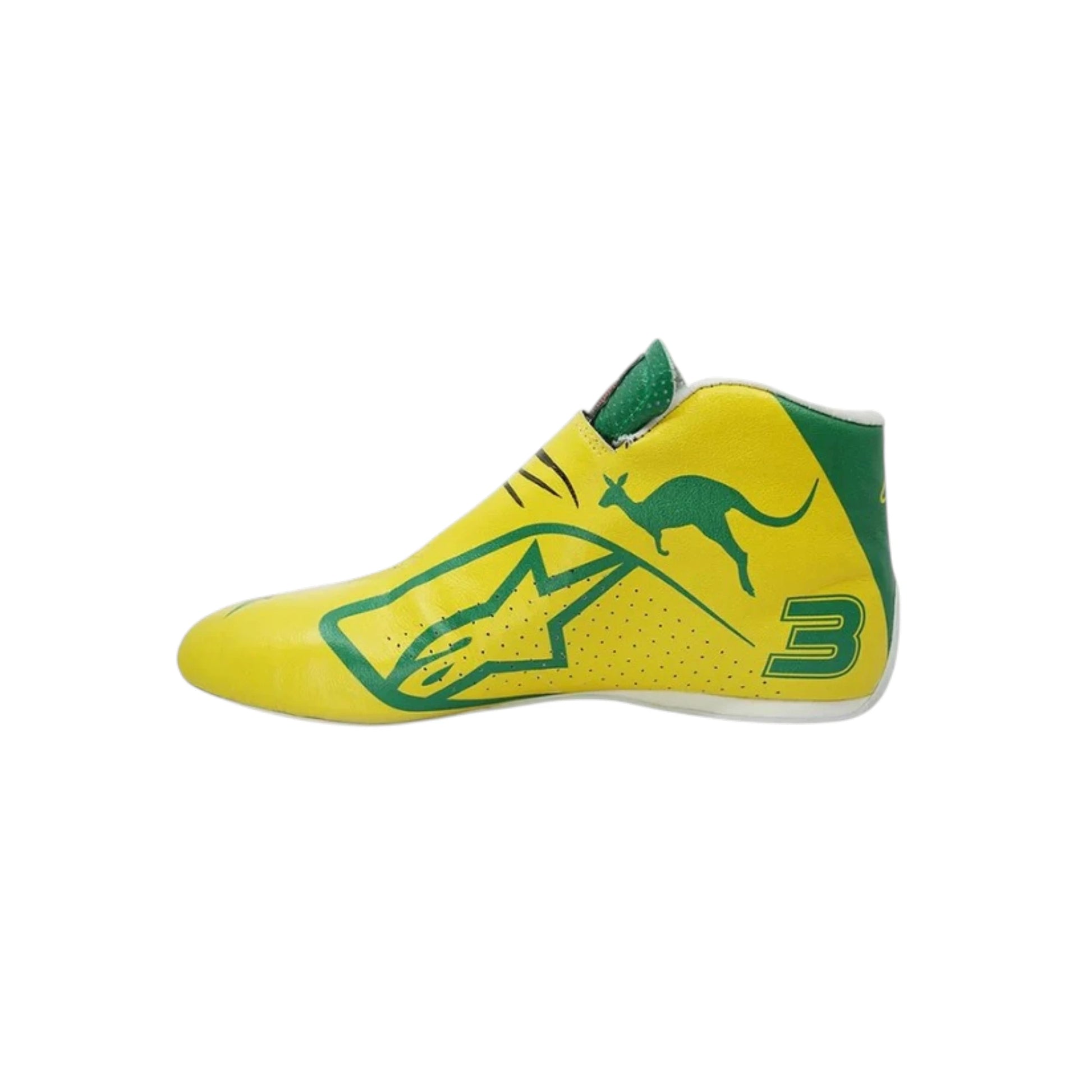 Daniel Ricciardo 2019 Renault Australian GP F1 racing shoes featuring yellow and green Australian Grand Prix styling with Renault inspired detailing