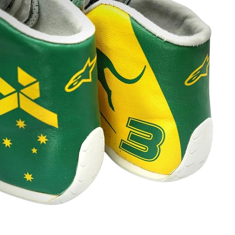 Daniel Ricciardo 2019 Renault Australian GP F1 racing shoes featuring yellow and green Australian Grand Prix styling with Renault inspired detailing