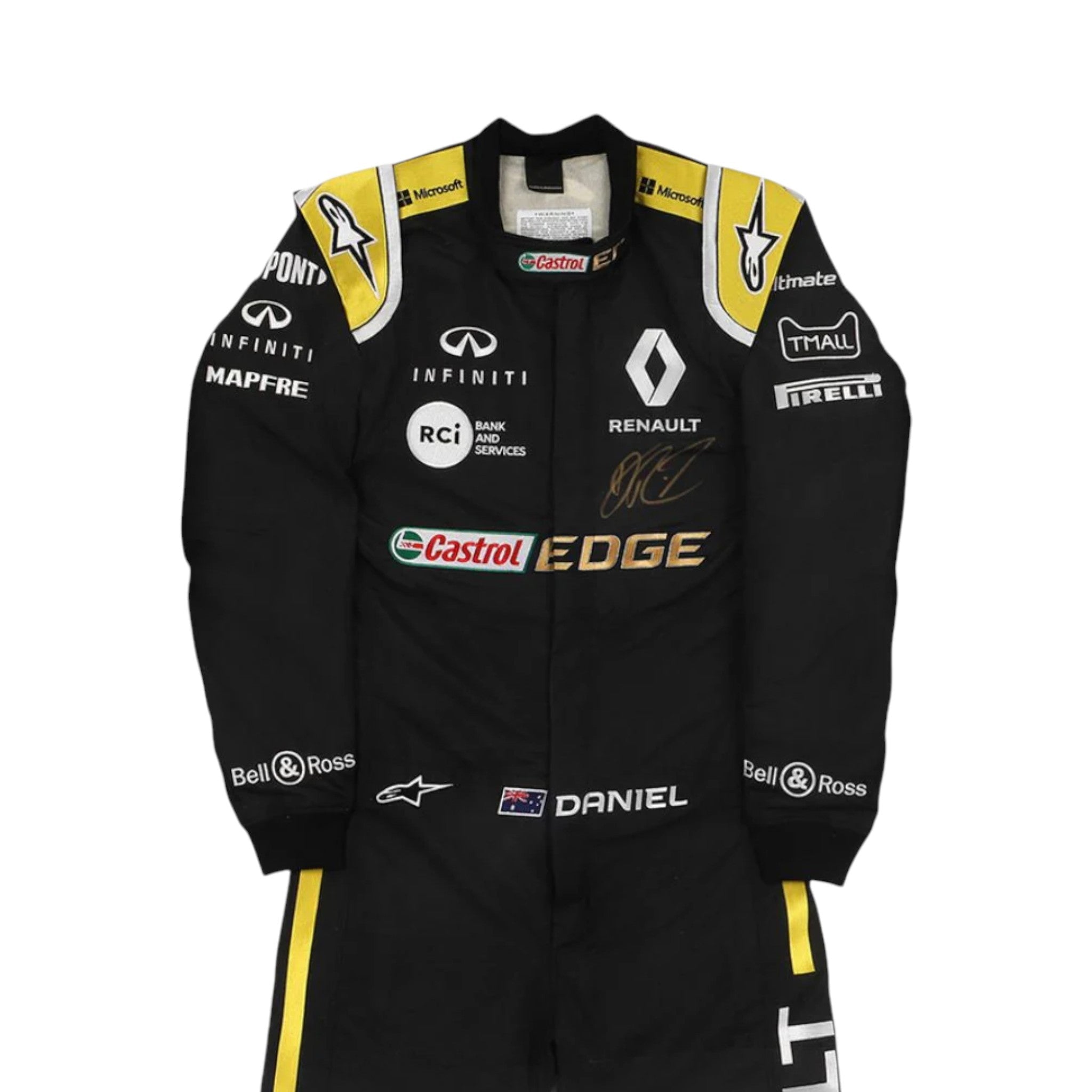 Daniel Ricciardo 2019 Renault F1 race suit replica in yellow and black with sponsor logos