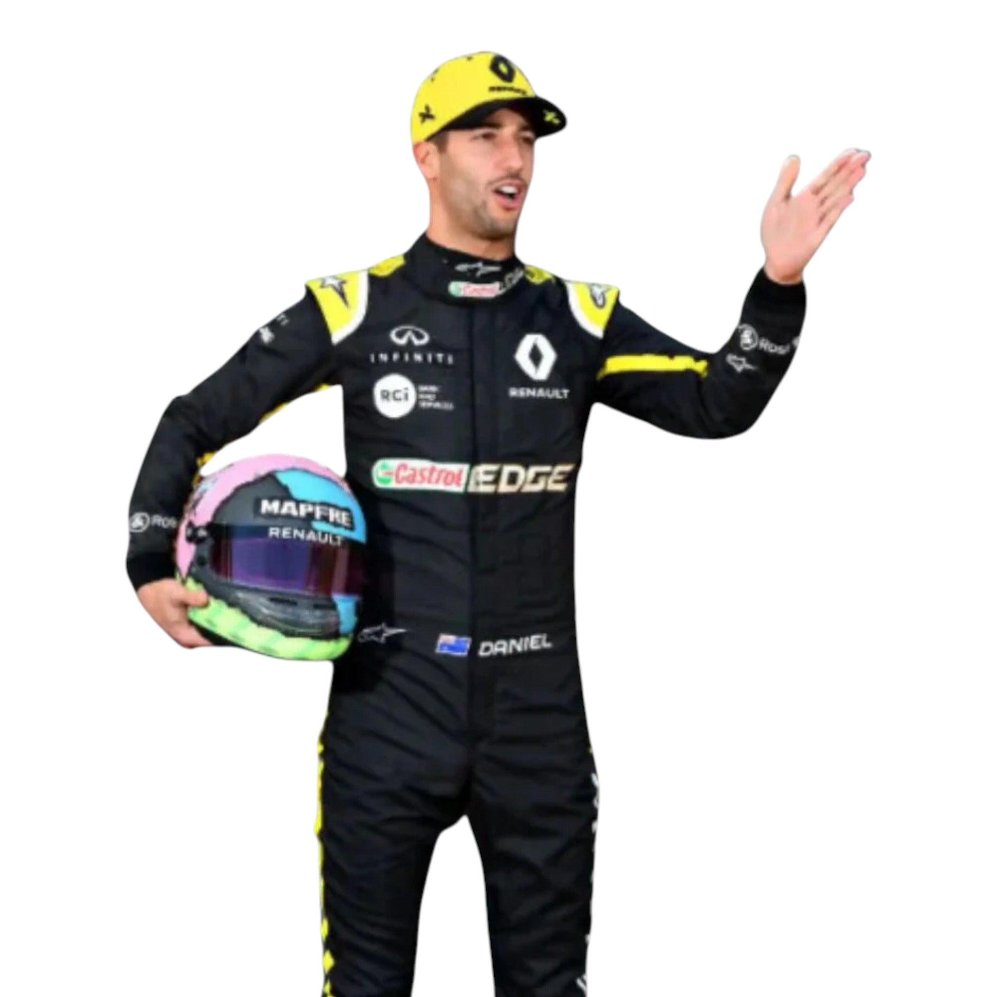 Daniel Ricciardo 2019 Renault F1 race suit replica in yellow and black with sponsor logos