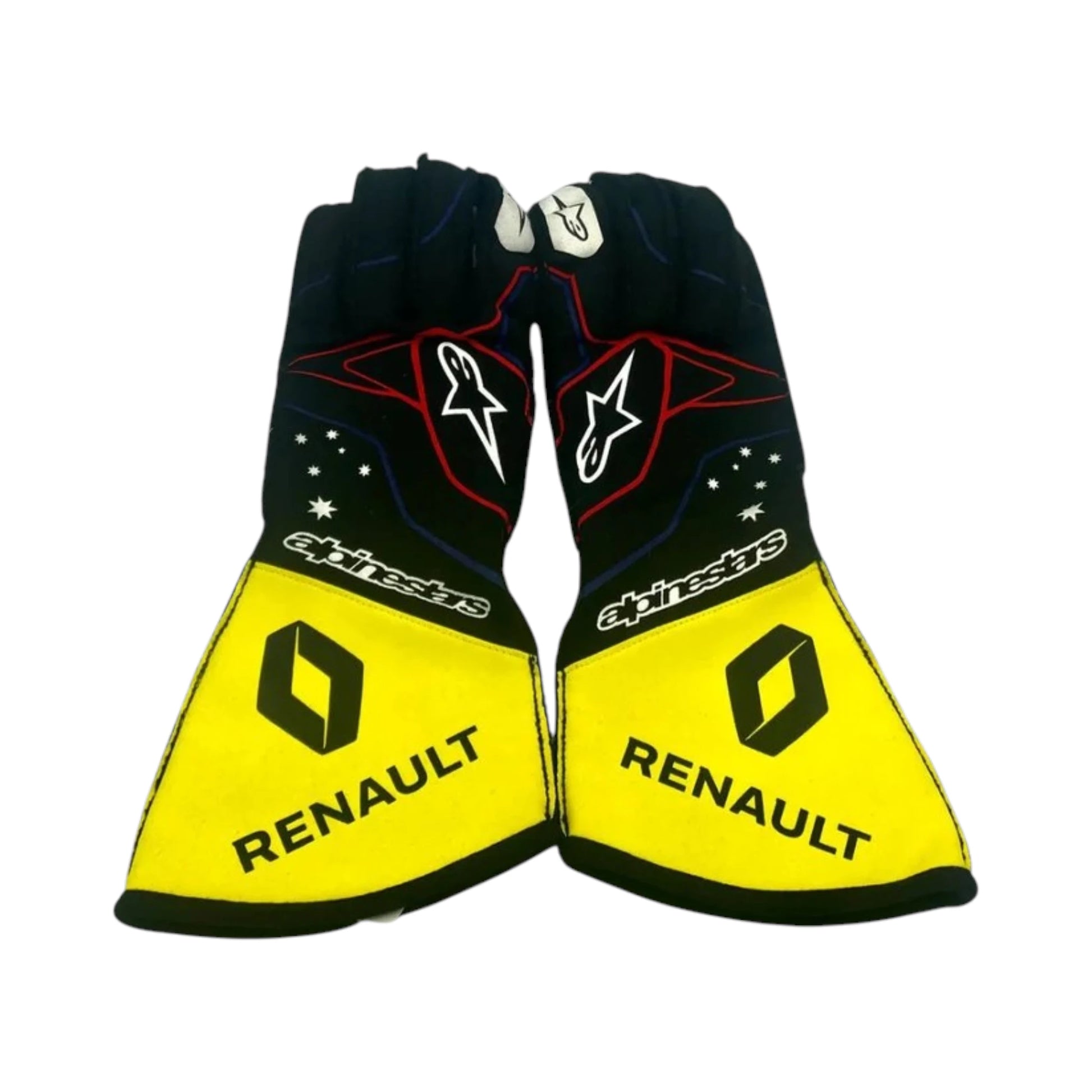 Daniel Ricciardo 2020 Renault F1 Racing Gloves in black and yellow with Renault sponsor logos and premium motorsport detailing
