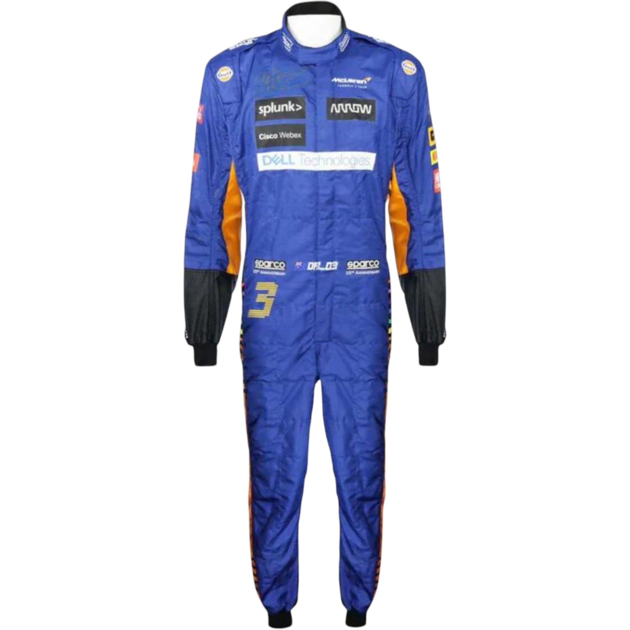 Daniel Ricciardo 2021 McLaren F1 race suit in papaya orange and blue with sponsor logos