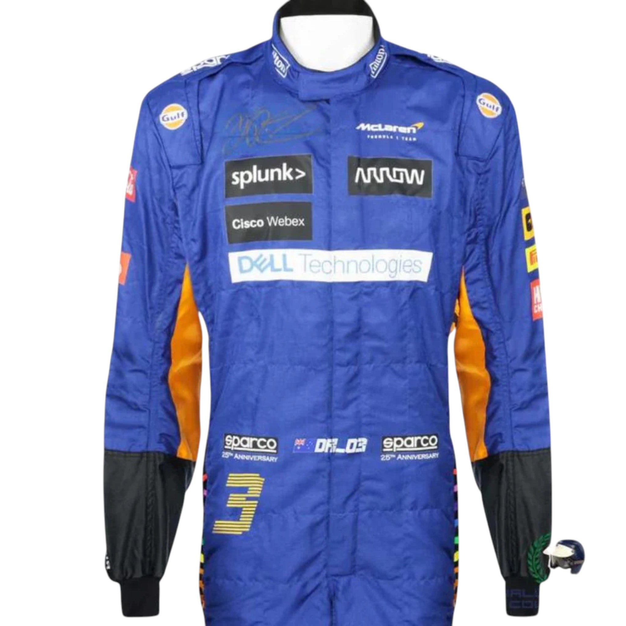 Daniel Ricciardo 2021 McLaren F1 race suit in papaya orange and blue with sponsor logos