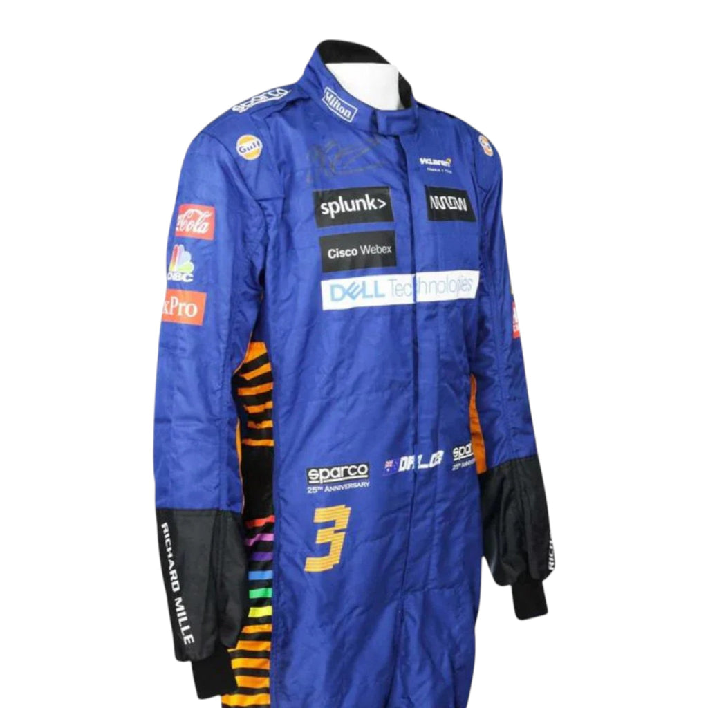 Daniel Ricciardo 2021 McLaren F1 race suit in papaya orange and blue with sponsor logos