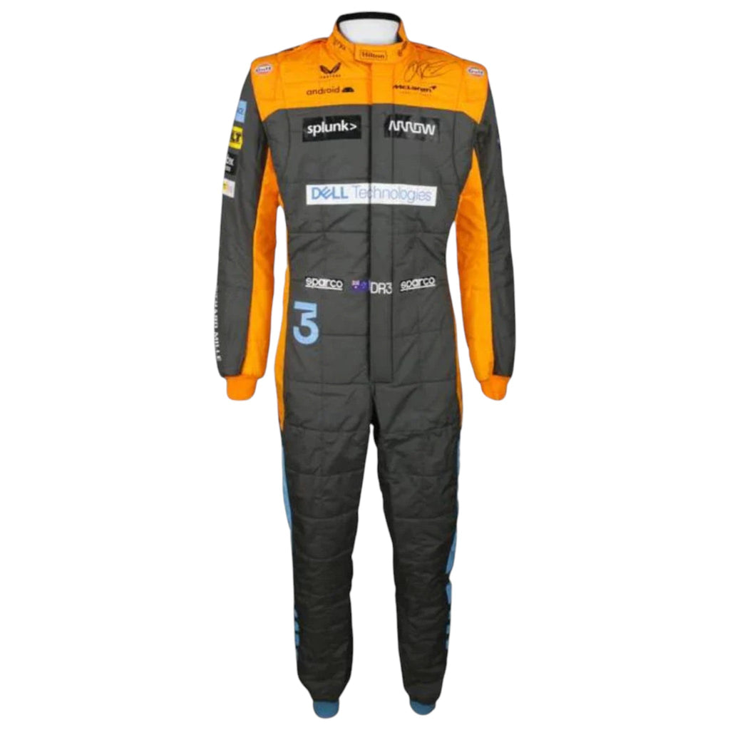 Daniel Ricciardo 2022 McLaren F1 race suit replica in papaya orange and dark grey with sponsor logos