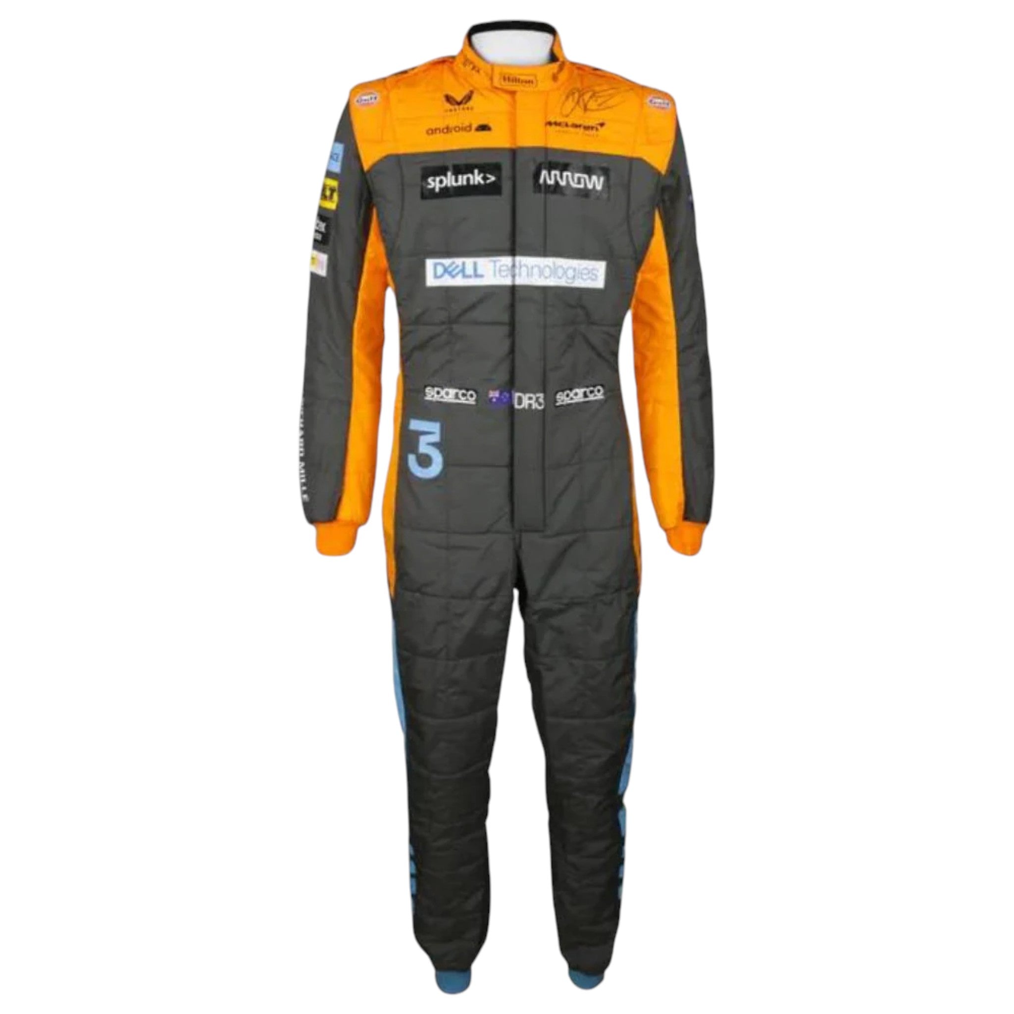 Daniel Ricciardo 2022 McLaren F1 race suit replica in papaya orange and dark grey with sponsor logos
