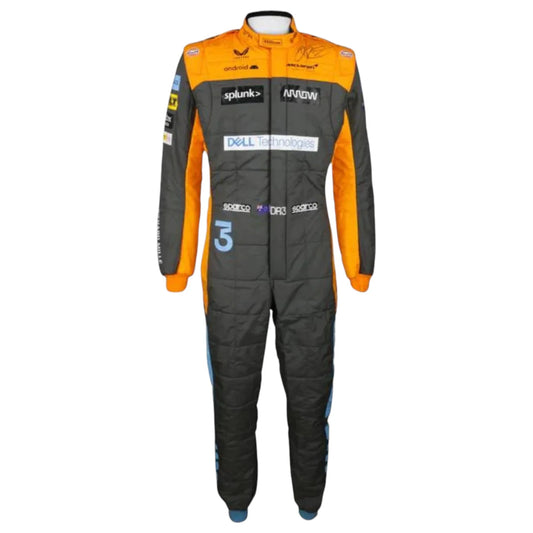 Daniel Ricciardo 2022 McLaren F1 race suit replica in papaya orange and dark grey with sponsor logos