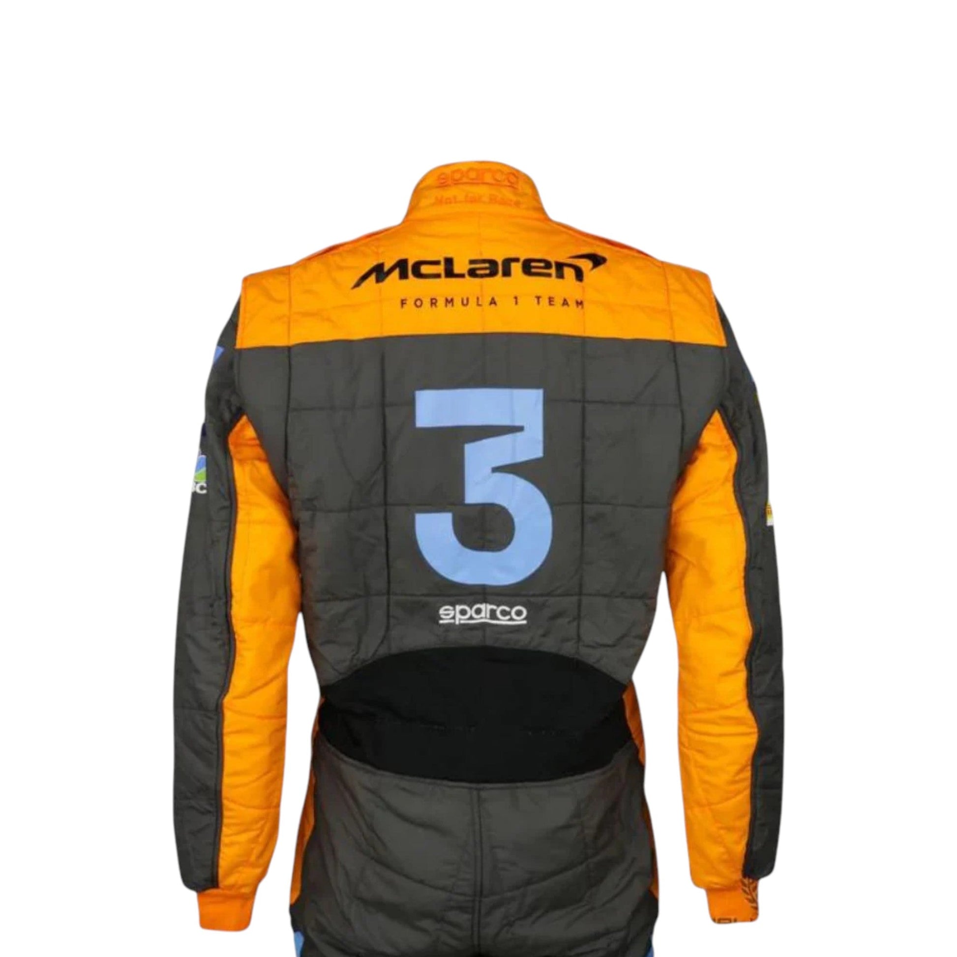 Daniel Ricciardo 2022 McLaren F1 race suit replica in papaya orange and dark grey with sponsor logos