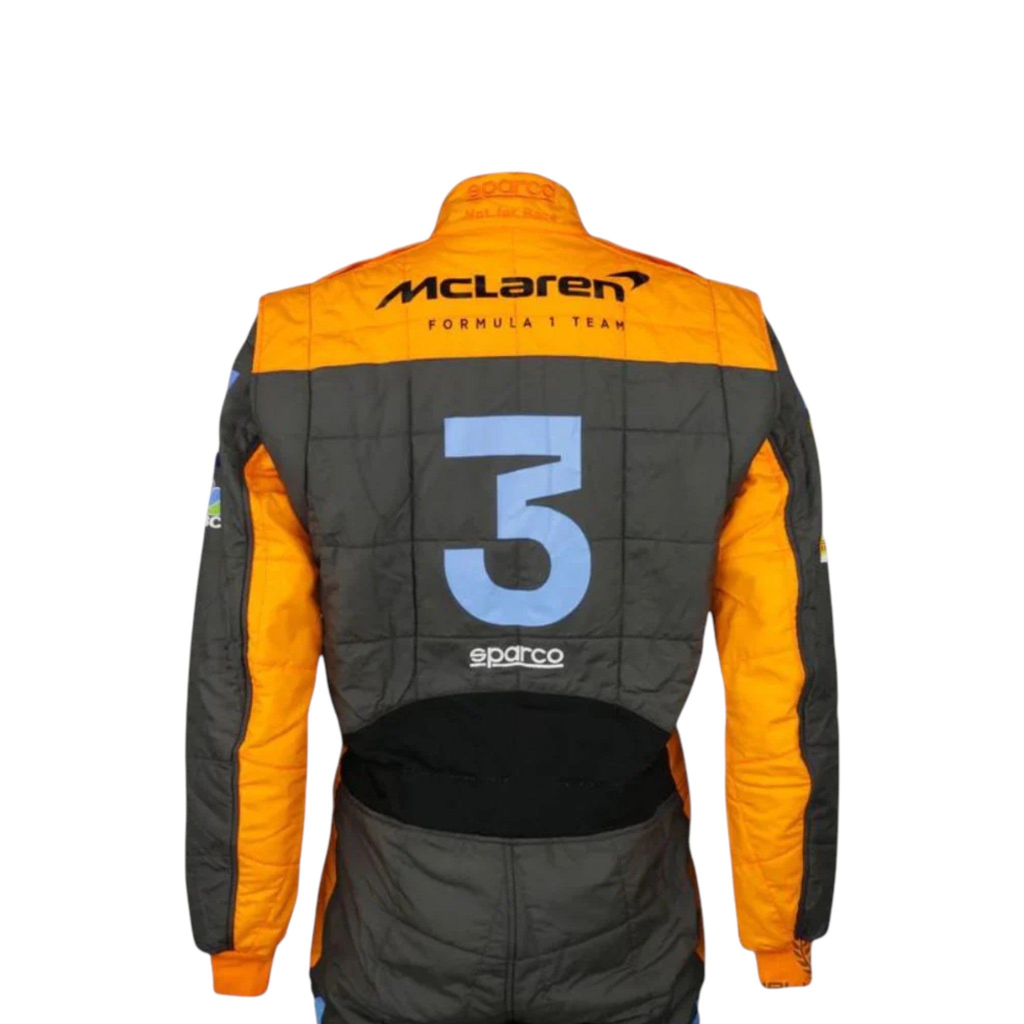 Daniel Ricciardo 2022 McLaren F1 race suit replica in papaya orange and dark grey with sponsor logos