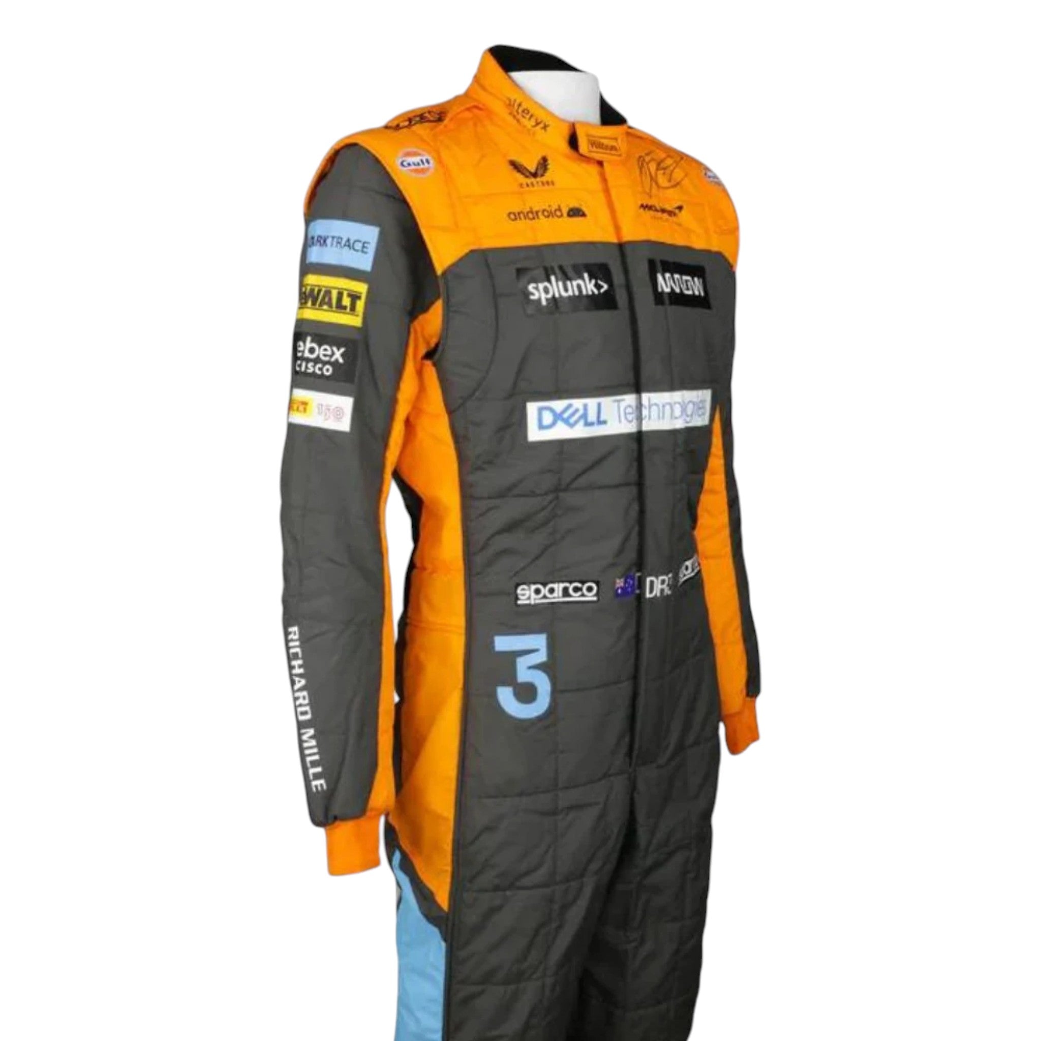 Daniel Ricciardo 2022 McLaren F1 race suit replica in papaya orange and dark grey with sponsor logos