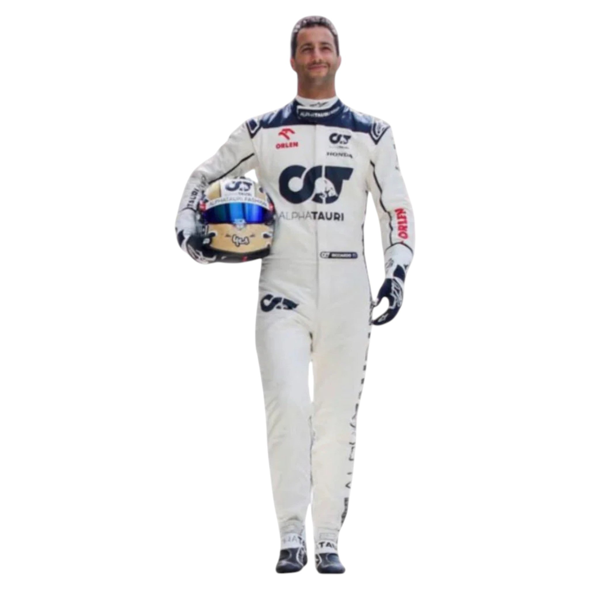 Daniel Ricciardo 2023 AlphaTauri F1 race suit in white with navy blue detailing and sponsor logos