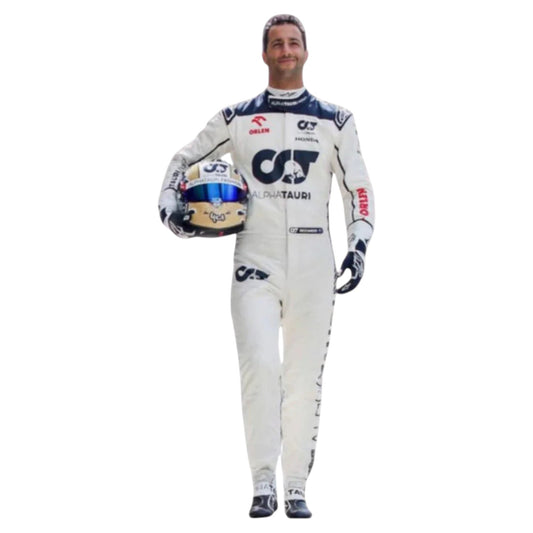 Daniel Ricciardo 2023 AlphaTauri F1 race suit in white with navy blue detailing and sponsor logos
