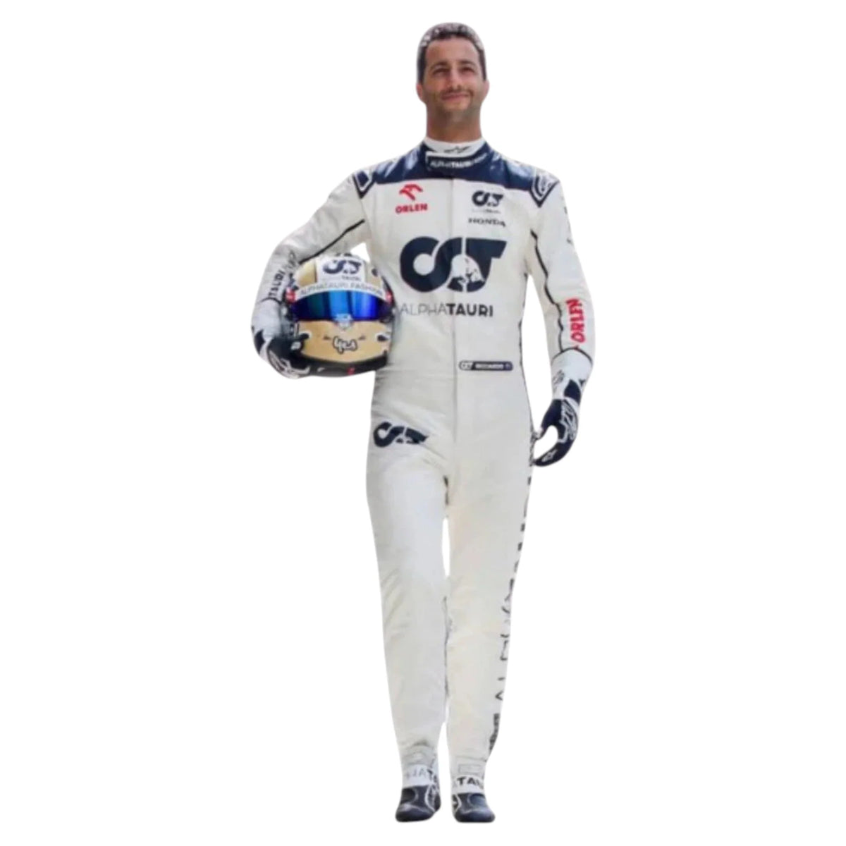 Daniel Ricciardo 2023 AlphaTauri F1 race suit in white with navy blue detailing and sponsor logos