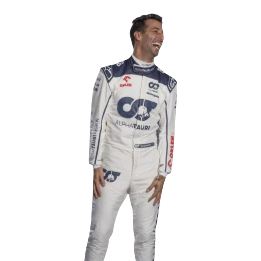Daniel Ricciardo 2023 AlphaTauri F1 race suit in white with navy blue detailing and sponsor logos