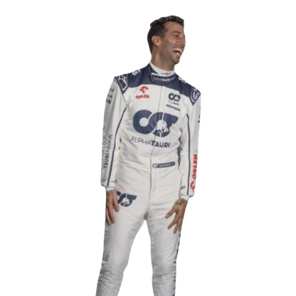 Daniel Ricciardo 2023 AlphaTauri F1 race suit in white with navy blue detailing and sponsor logos
