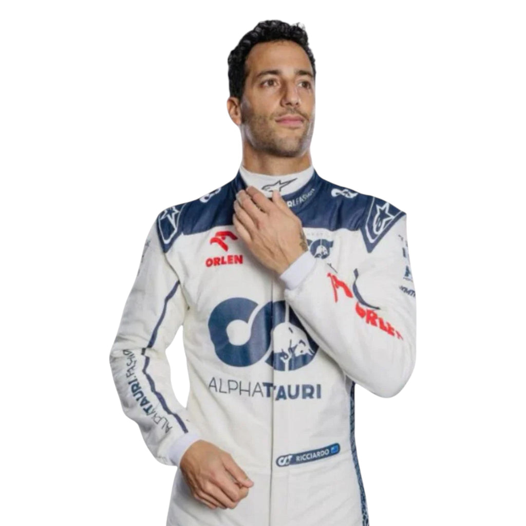 Daniel Ricciardo 2023 AlphaTauri F1 race suit in white with navy blue detailing and sponsor logos